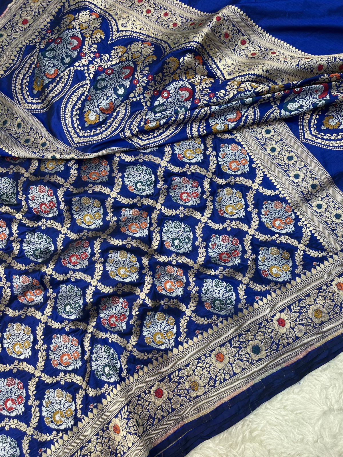 Imperial Royal Blue Pure Katan Silk Saree with Traditional Meenakari Floral Medallions