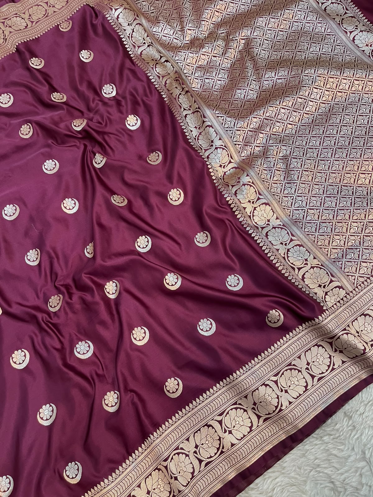 Deep Wine Satin Silk Banarasi Saree with Gold Zari Chand Tara Booti & Rich Jacquard Pallu