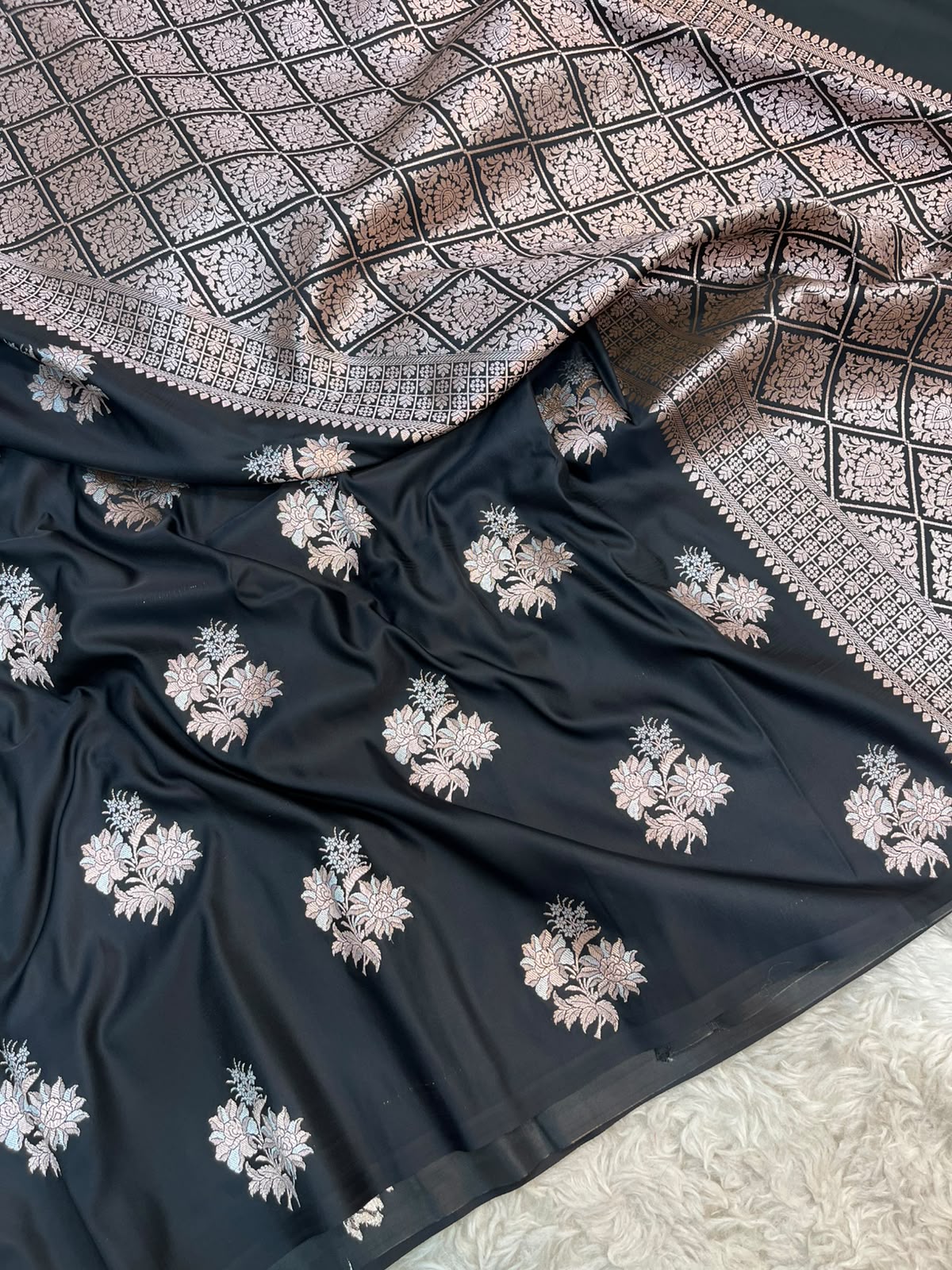 Raven Black Mashru Silk Saree featuring Traditional Sonarupa Buta and Jaal Pallu