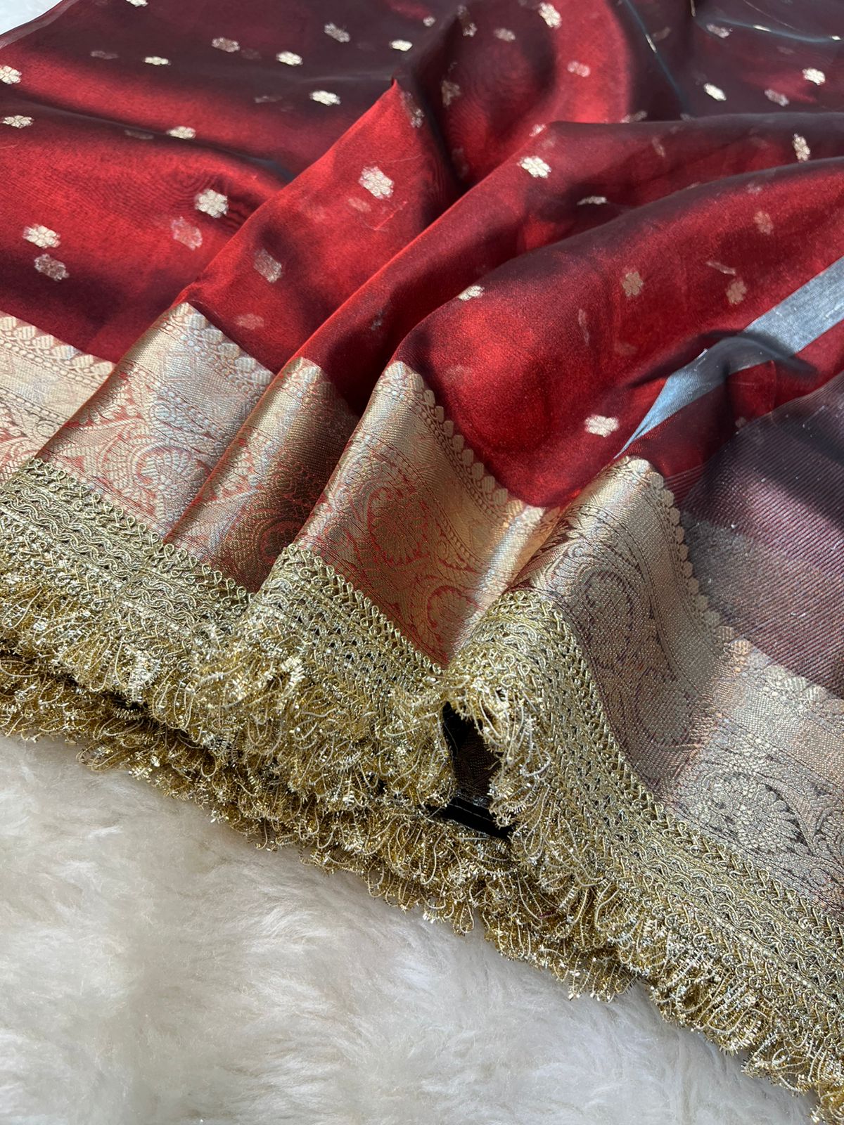 Deep Wine Maroon Tissue Silk Buti Saree with Intricate Lace Embellishments