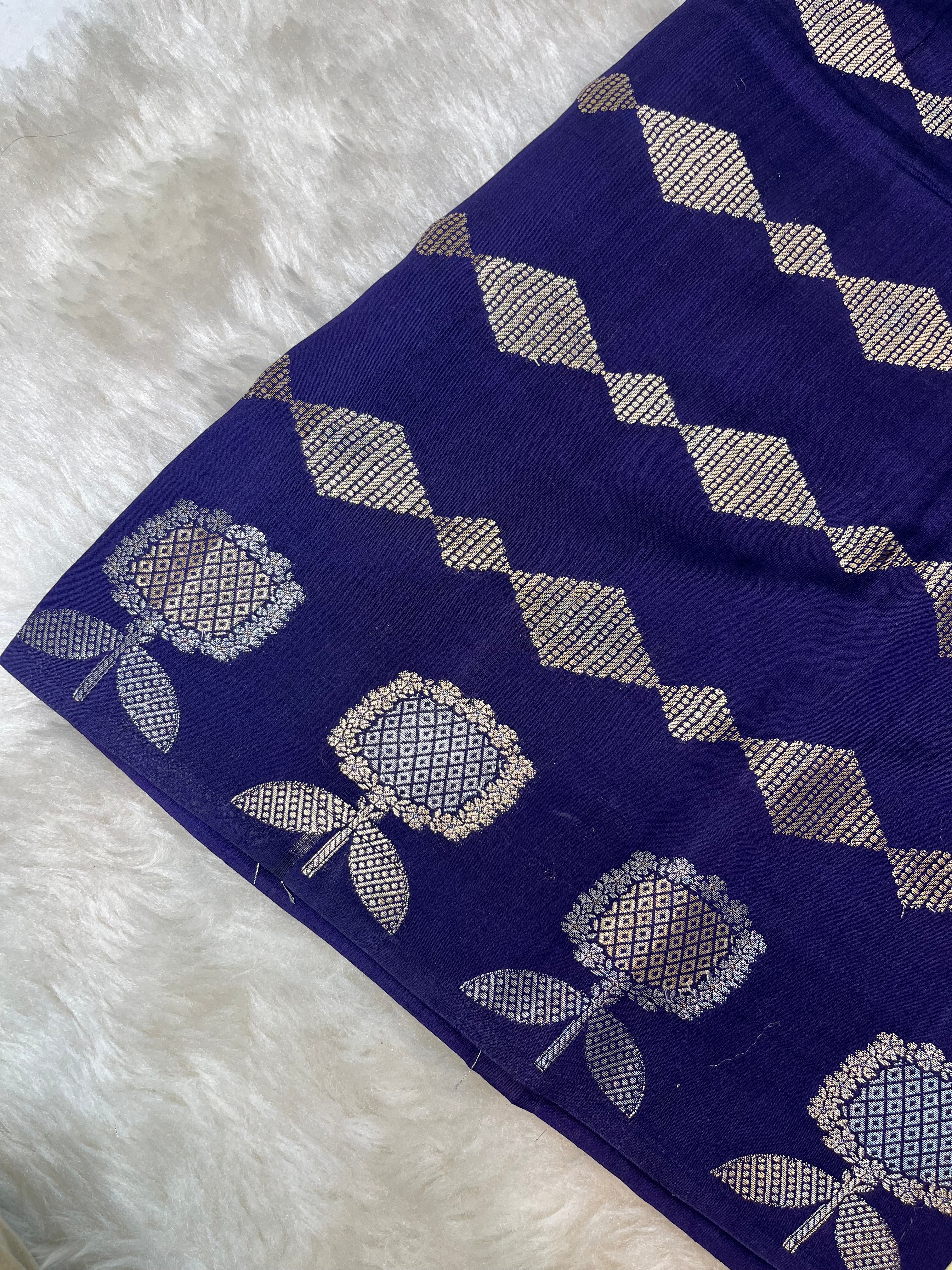 Navy Blue Pure Chiniya Silk Saree - Sonarupa Weave with Intricate Gold and Silver Zari
