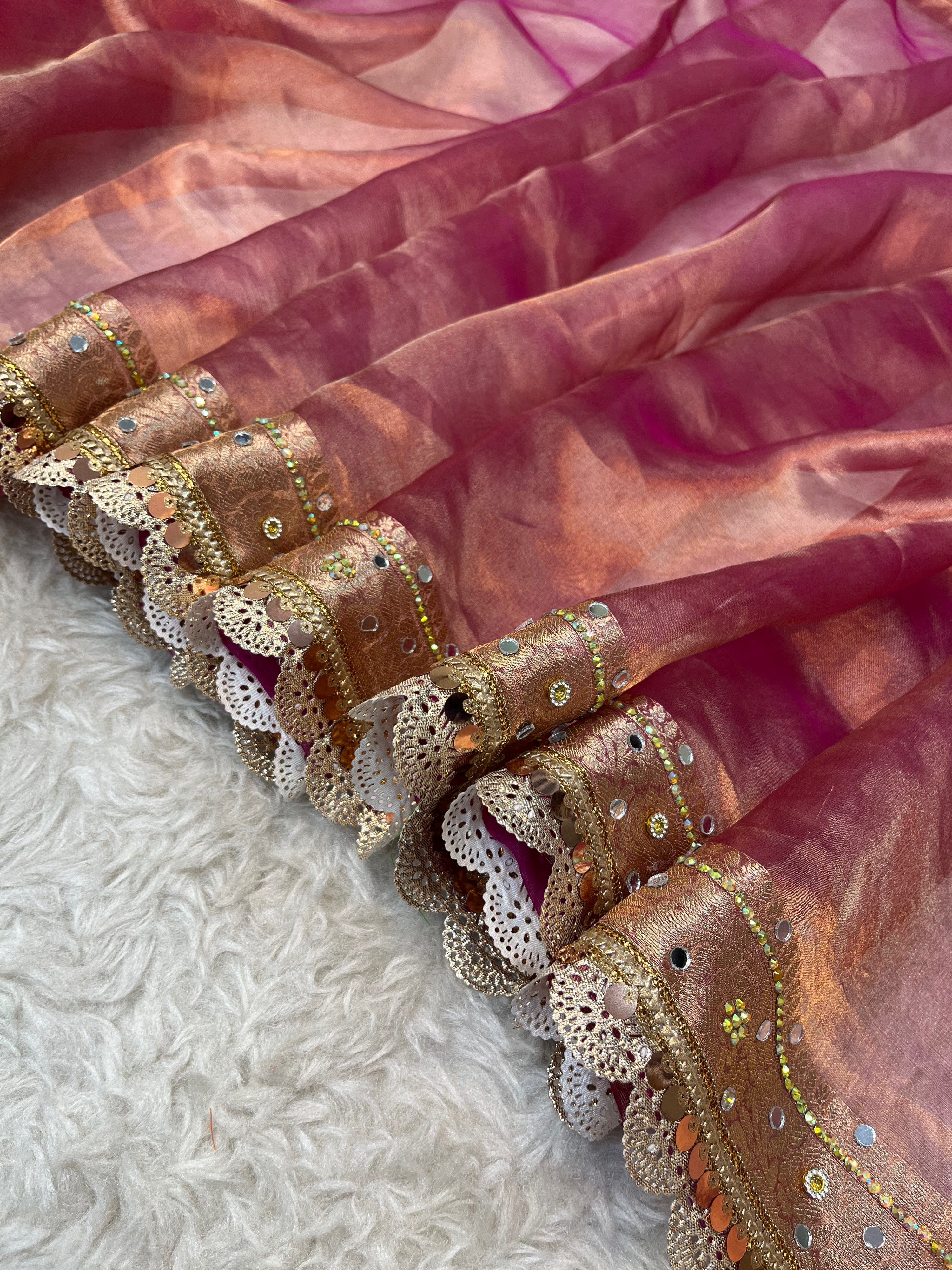 Regal Rose Gold Pure Katan Silk Saree with Intricate Mirror Work & Scalloped Lace