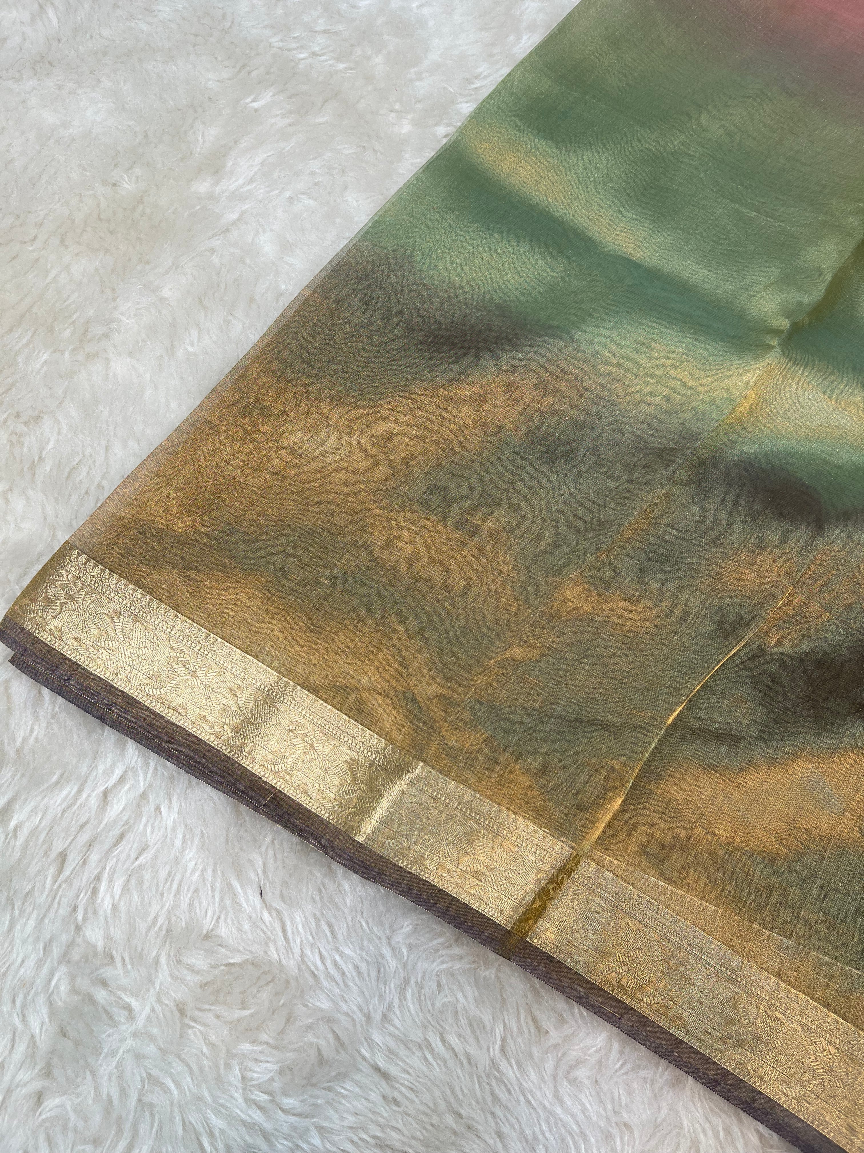 Ethereal Rainbow Ombre Tissue Silk Saree with Antique Zari Floral Pallu