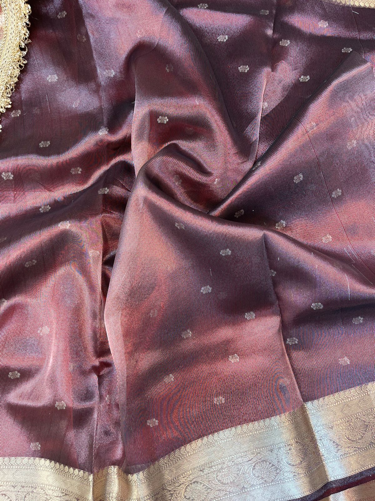 Deep Wine Maroon Tissue Silk Buti Saree with Intricate Lace Embellishments