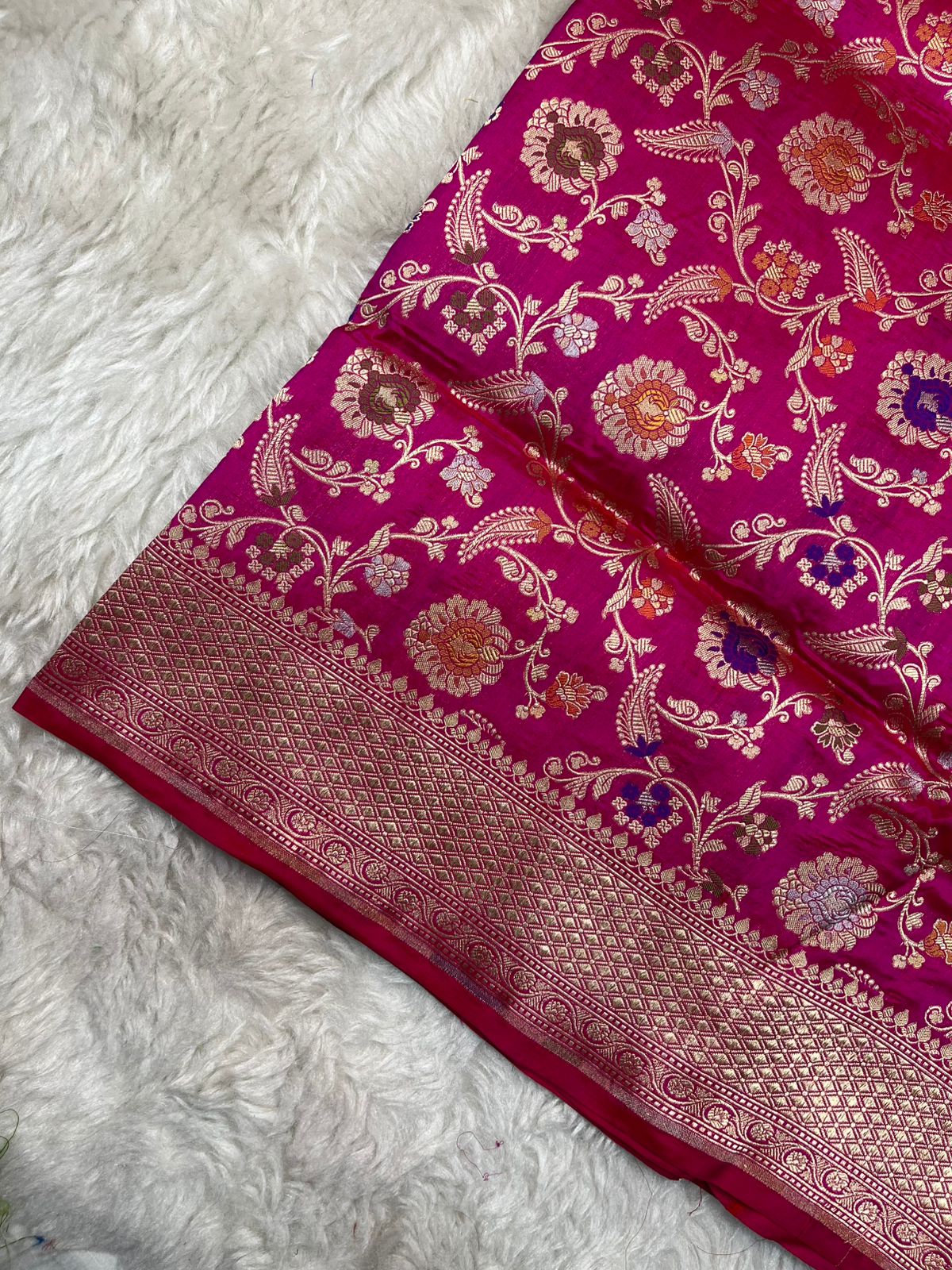 Deep Rani Pink Pure Katan Silk Banarasi Saree with Meenakari Floral Jaal