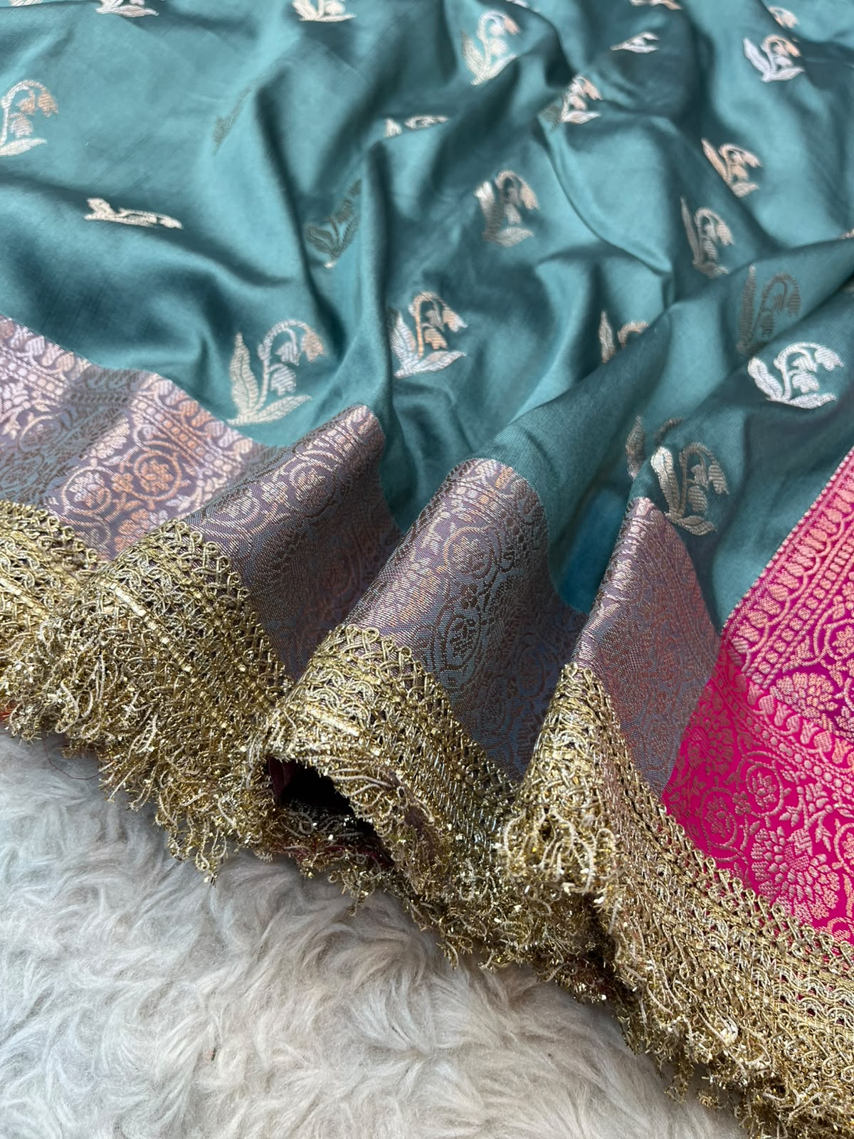 Sea Green & Rani Pink Katan Silk Banarasi Saree with Designer Lace