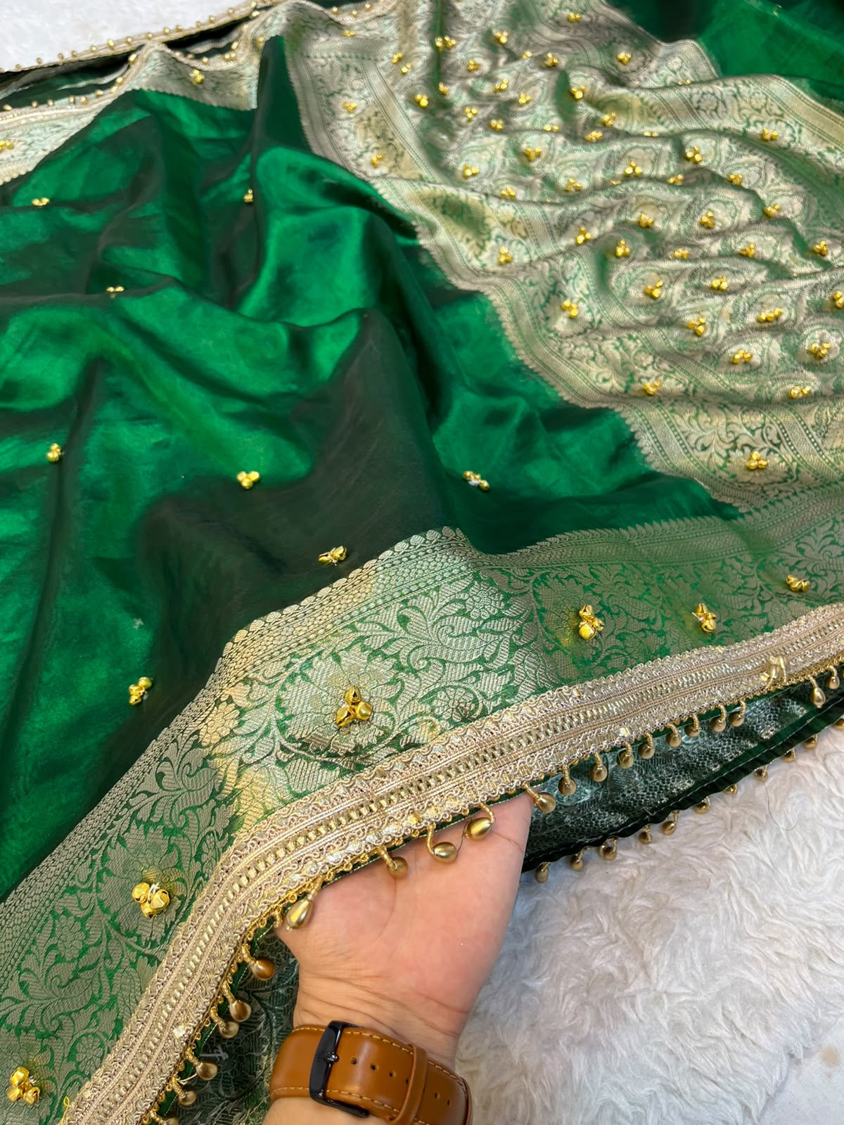 Forest Green Tissue Silk Saree with Handcrafted Ghungroo Work & Banarasi Zari Woven Pallu