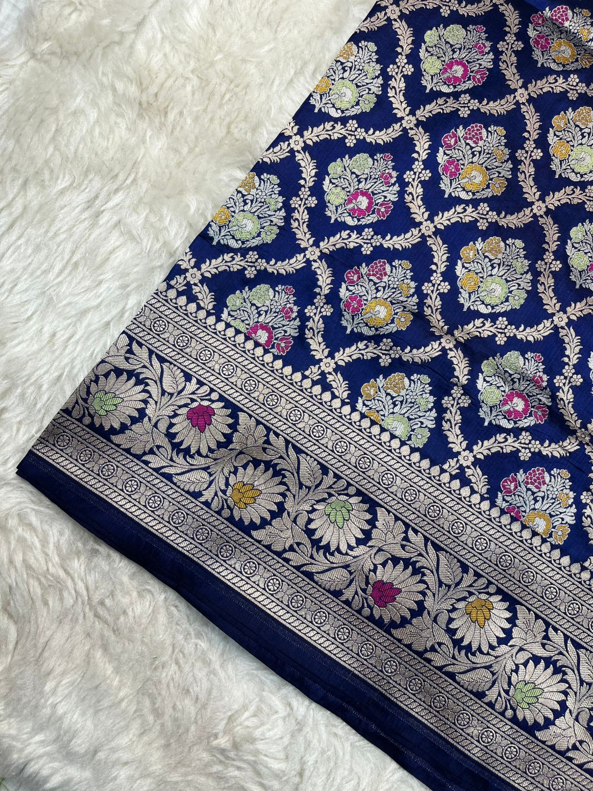 Regal Navy Blue Pure Katan Silk Saree with Traditional Meenakari Floral Medallions