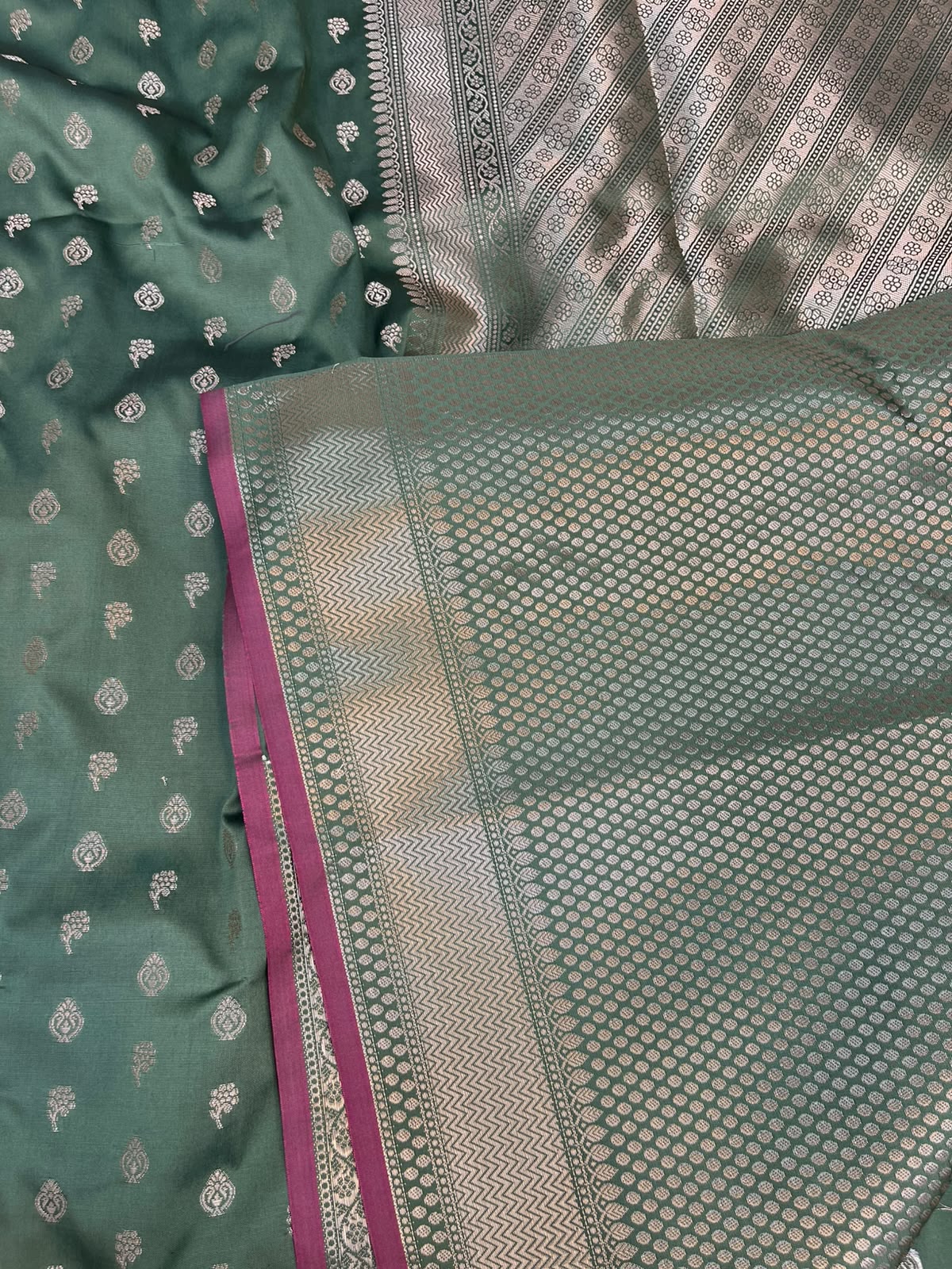 Sage Green Banarasi Soft Katan Silk Saree with All-Over Zari Buti & Rich Pallu