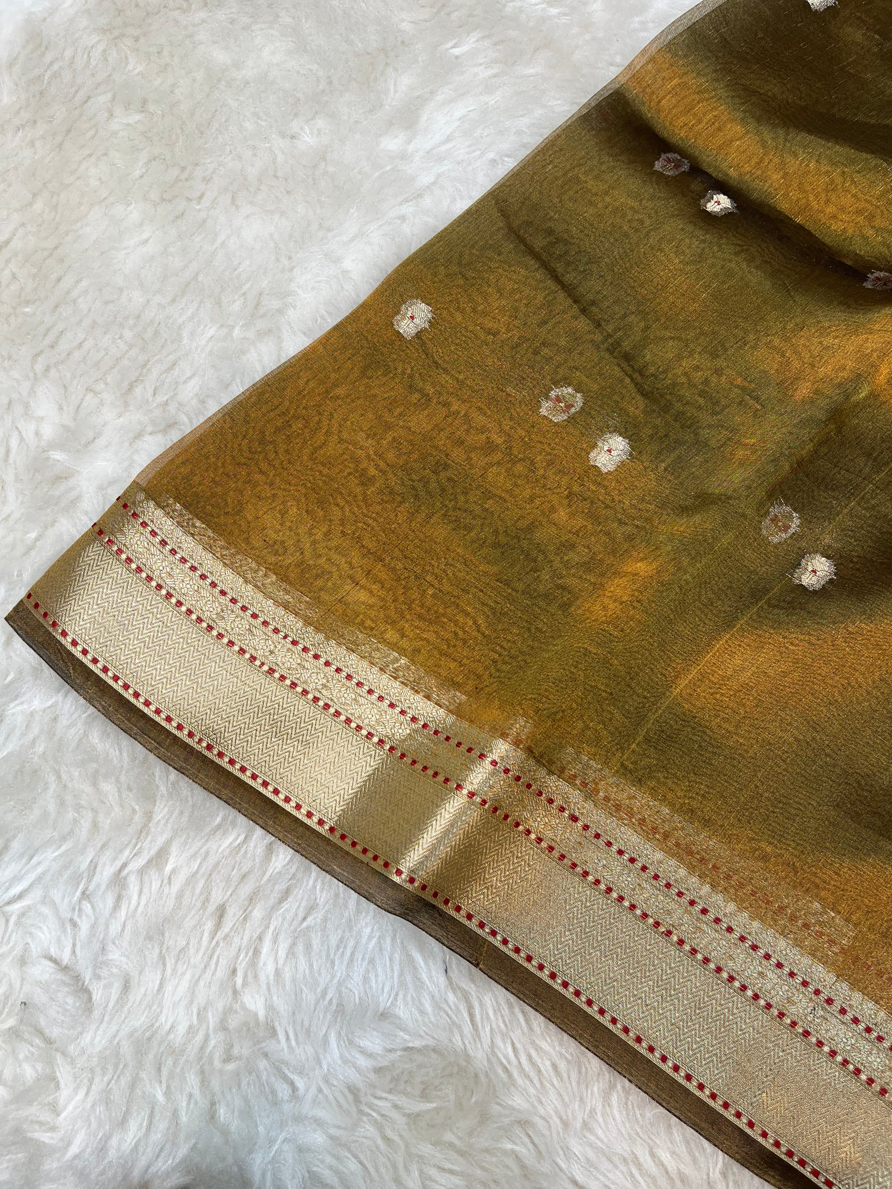 Ethereal Olive Gold Pure Tissue Silk Saree with Zari Butis and Striped Pallu