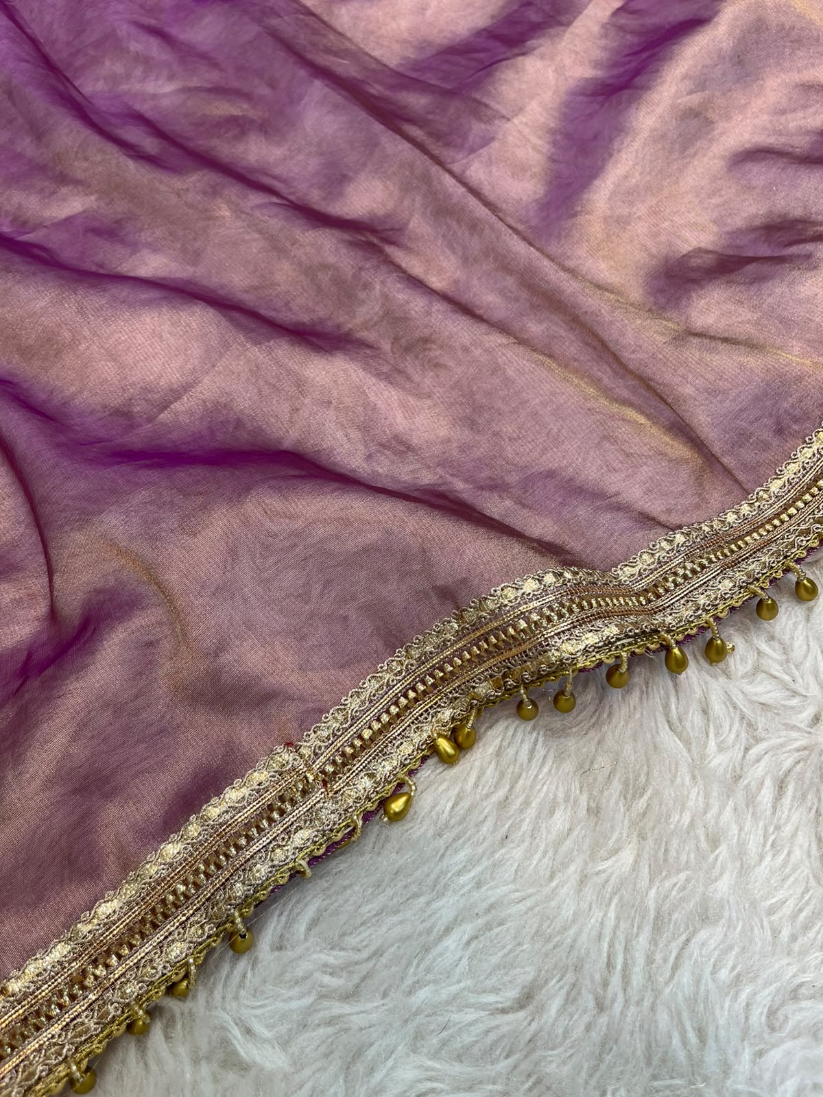 Metallic Wine Dual-Tone Tissue Silk Saree with Ghungroo & Handcrafted Stonework Border