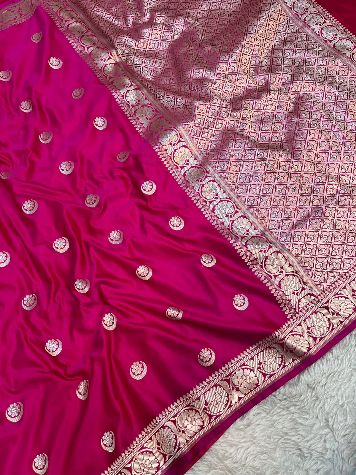 Rani Pink Satin Silk Banarasi Saree with Gold Zari Chand Tara Booti & Rich Jacquard Pallu