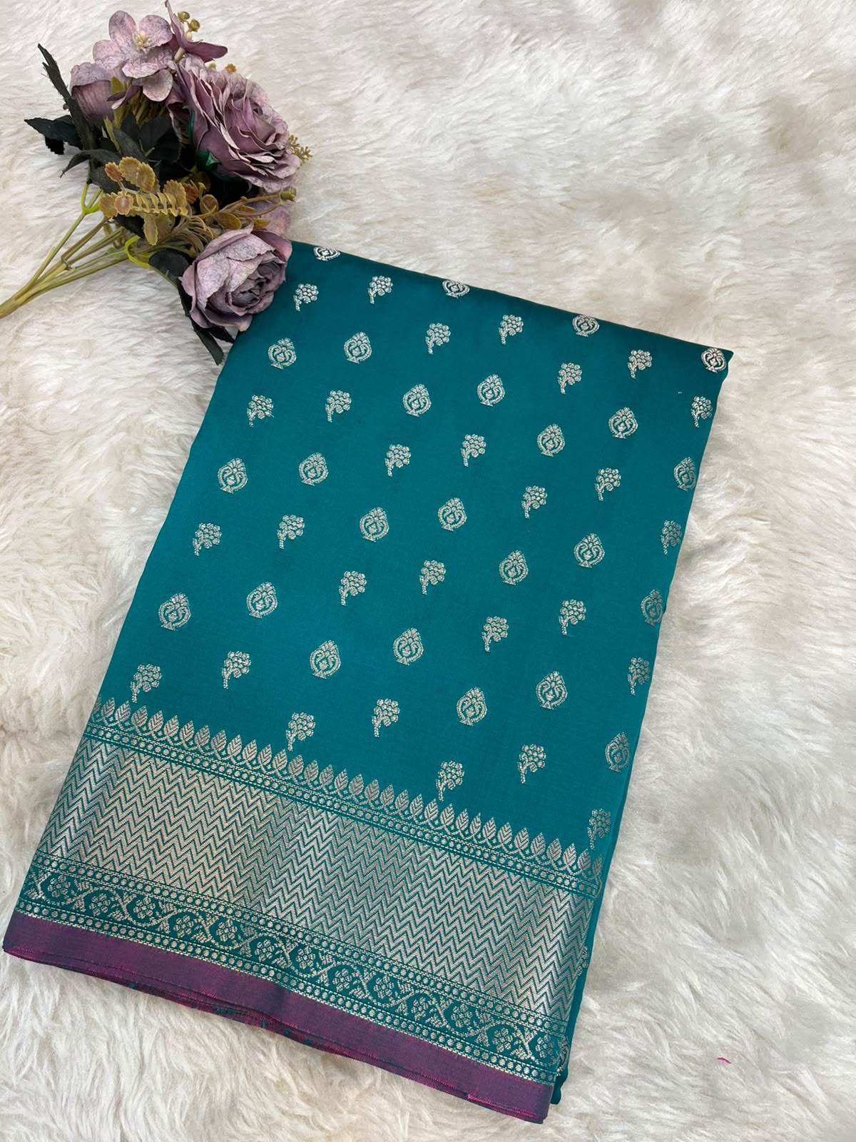 Teal Blue Banarasi Soft Katan Silk Saree with All-Over Zari Buti & Rich Pallu