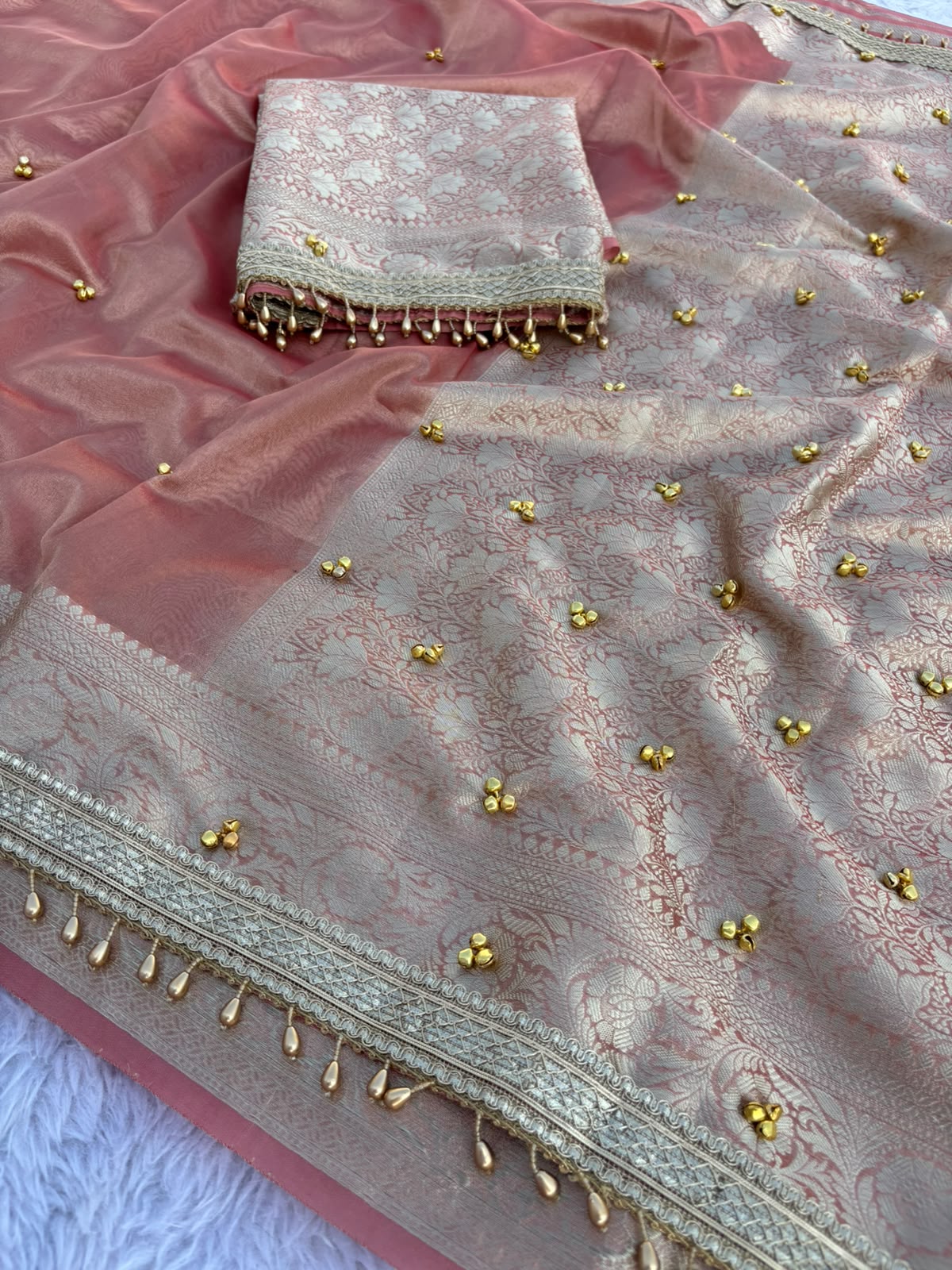 Rose Gold Tissue Silk Saree with Handcrafted Ghungroo work & Banarasi Zari Woven Pallu