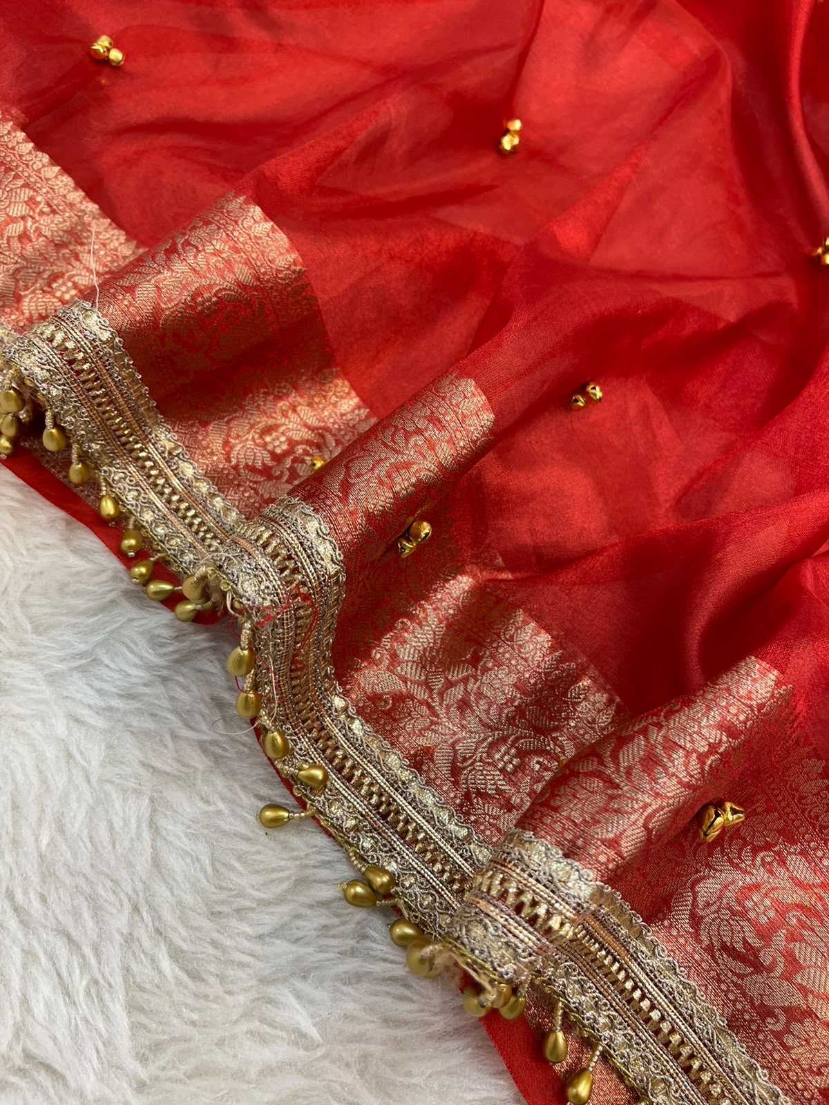 Scarlet Red Tissue Silk Saree with Woven Banarasi Jaal & Golden Ghungroo Accents