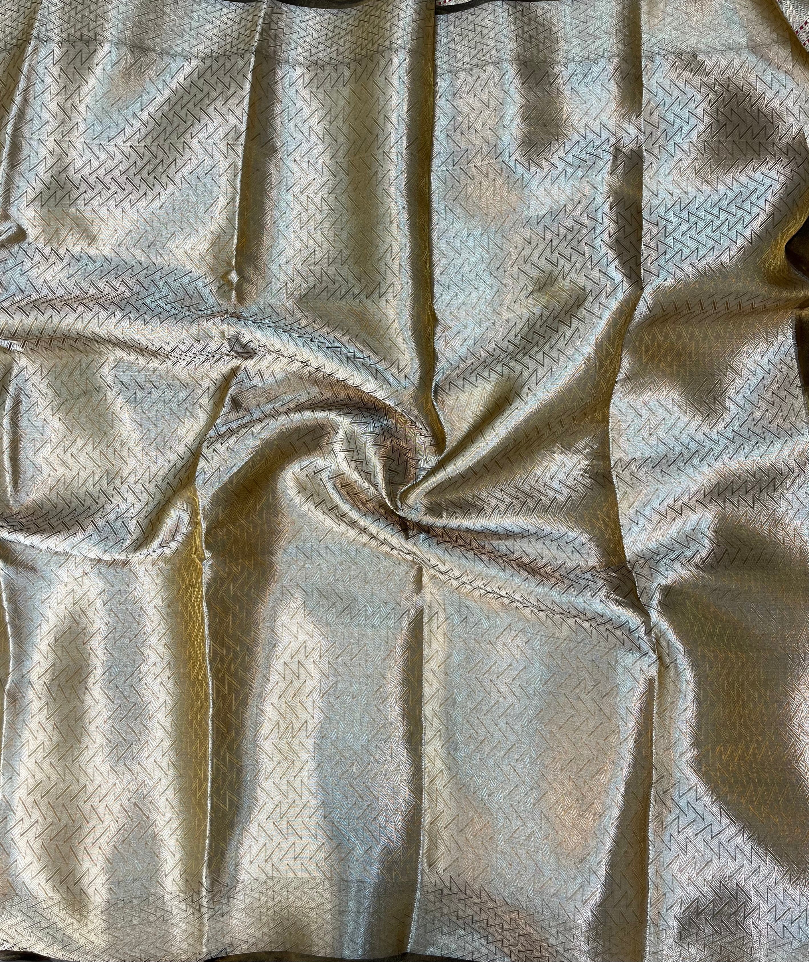 Ethereal Olive Gold Pure Tissue Silk Saree with Zari Butis and Striped Pallu