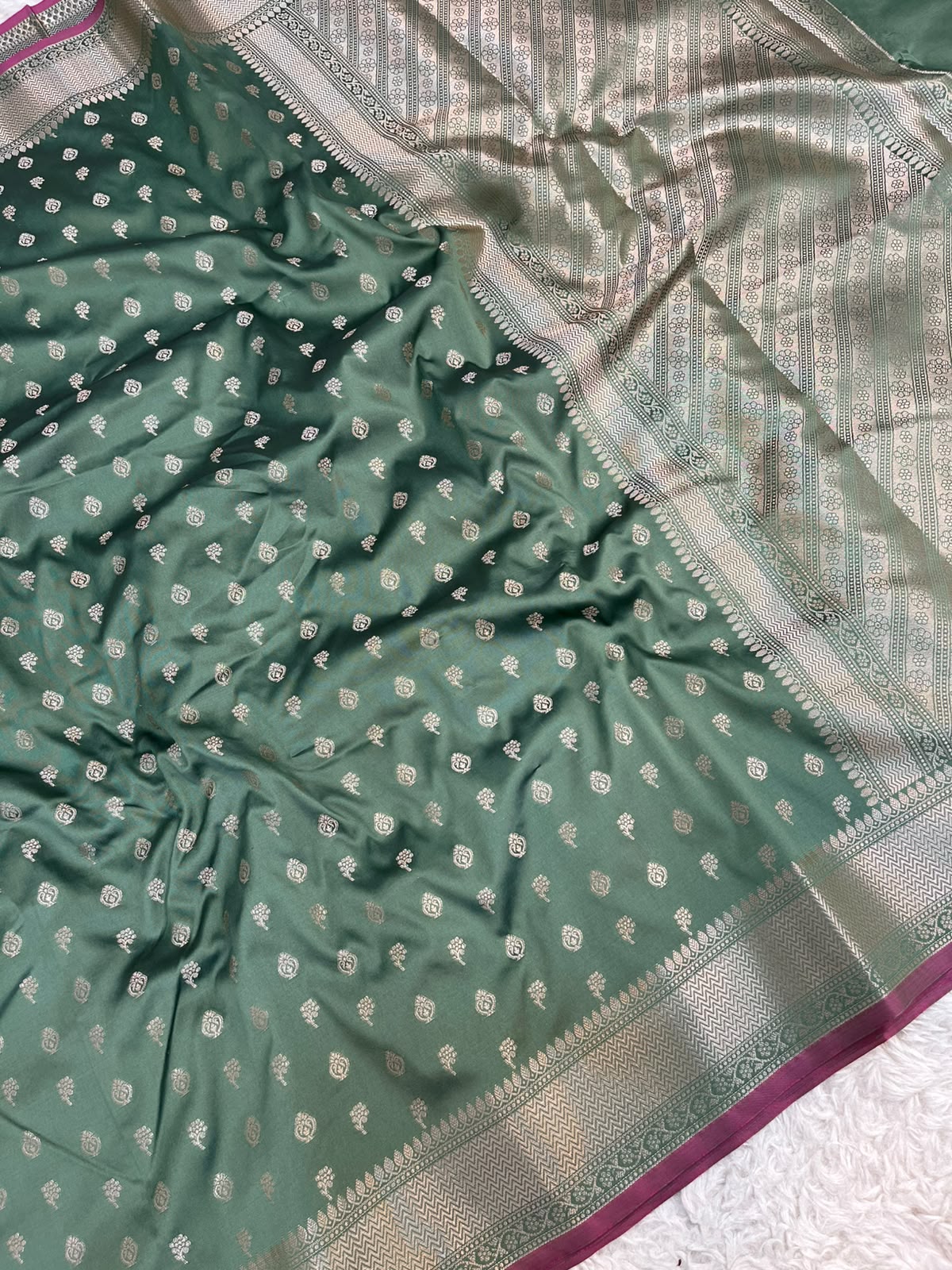 Sage Green Banarasi Soft Katan Silk Saree with All-Over Zari Buti & Rich Pallu