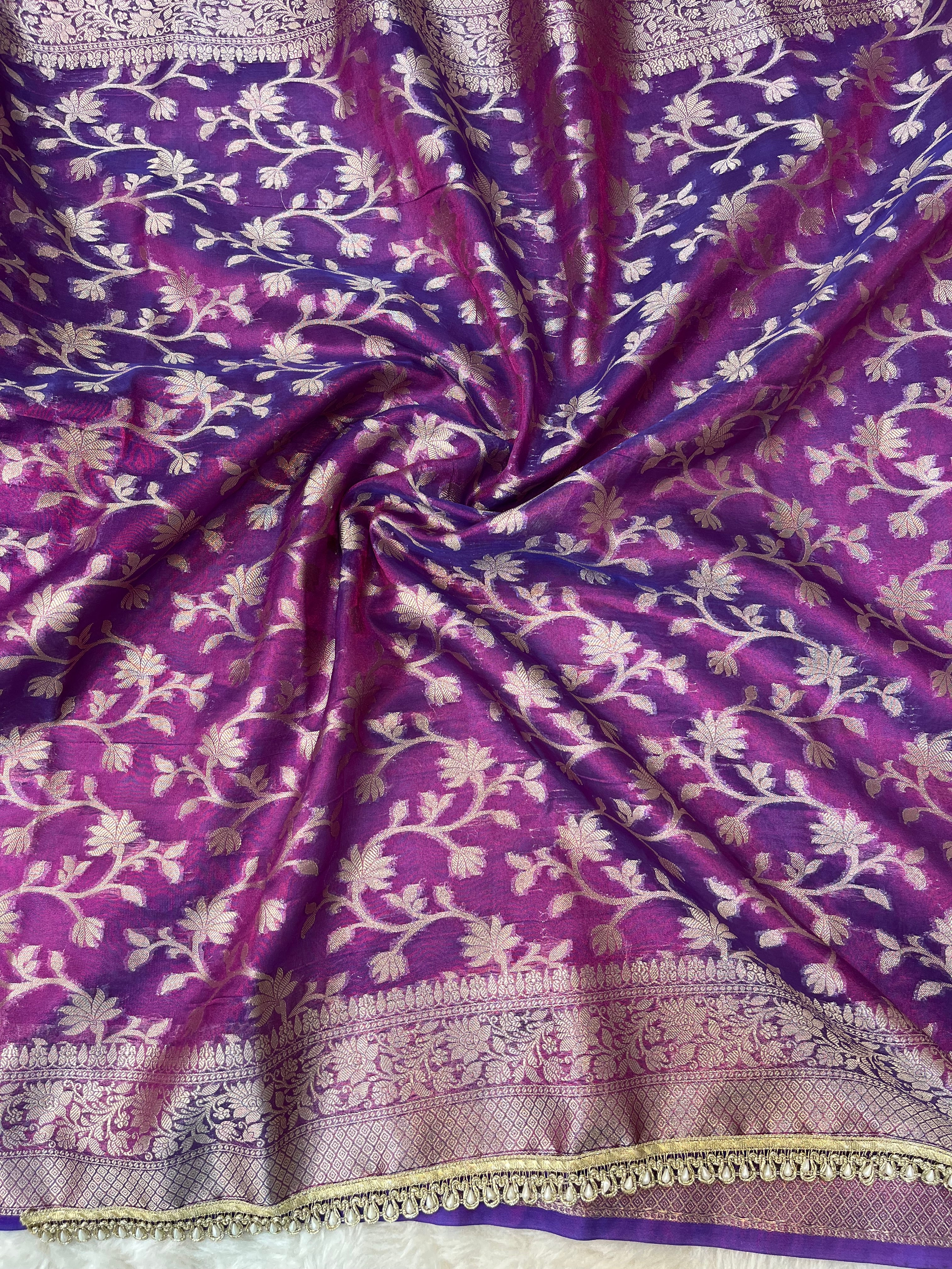 Royal Amethyst Dual-Tone Tissue Silk Saree with Pearl-Drop Scalloped Lace