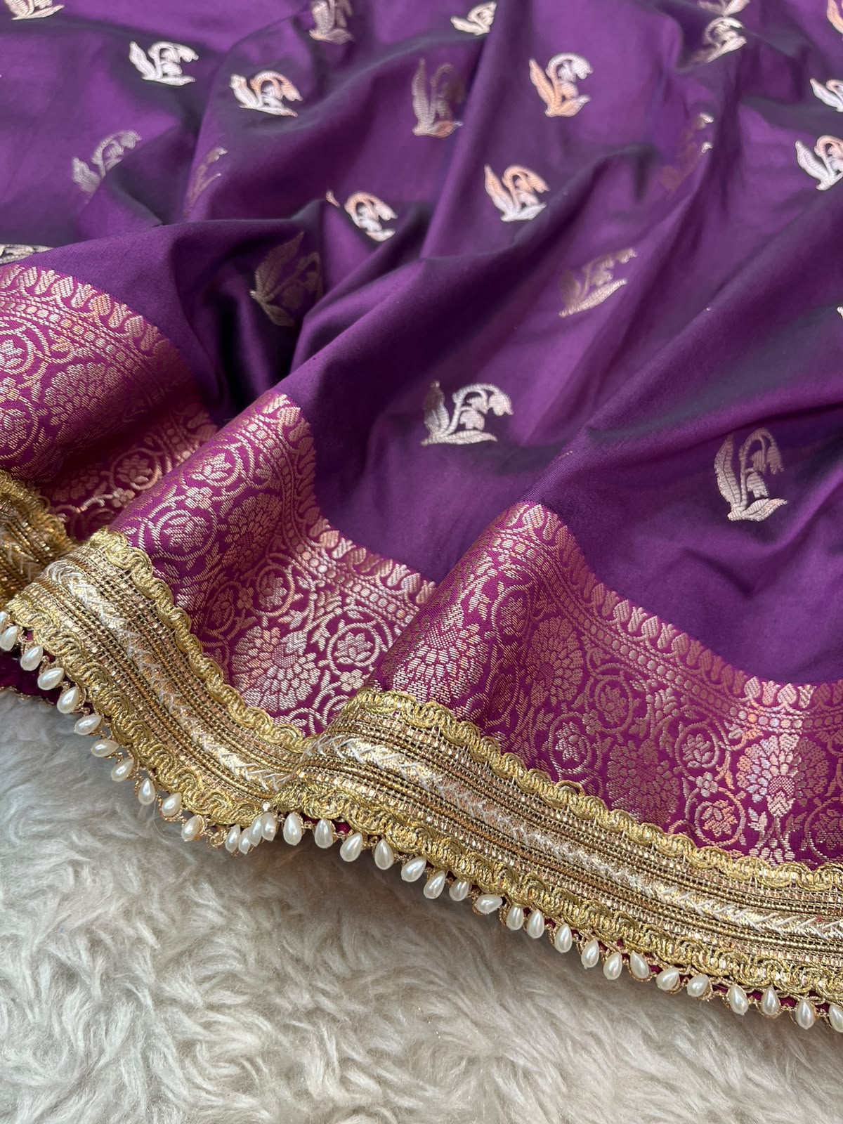 Dark Purple & Rani Pink Katan Silk Banarasi Saree with Designer Pearl-Beaded Lace