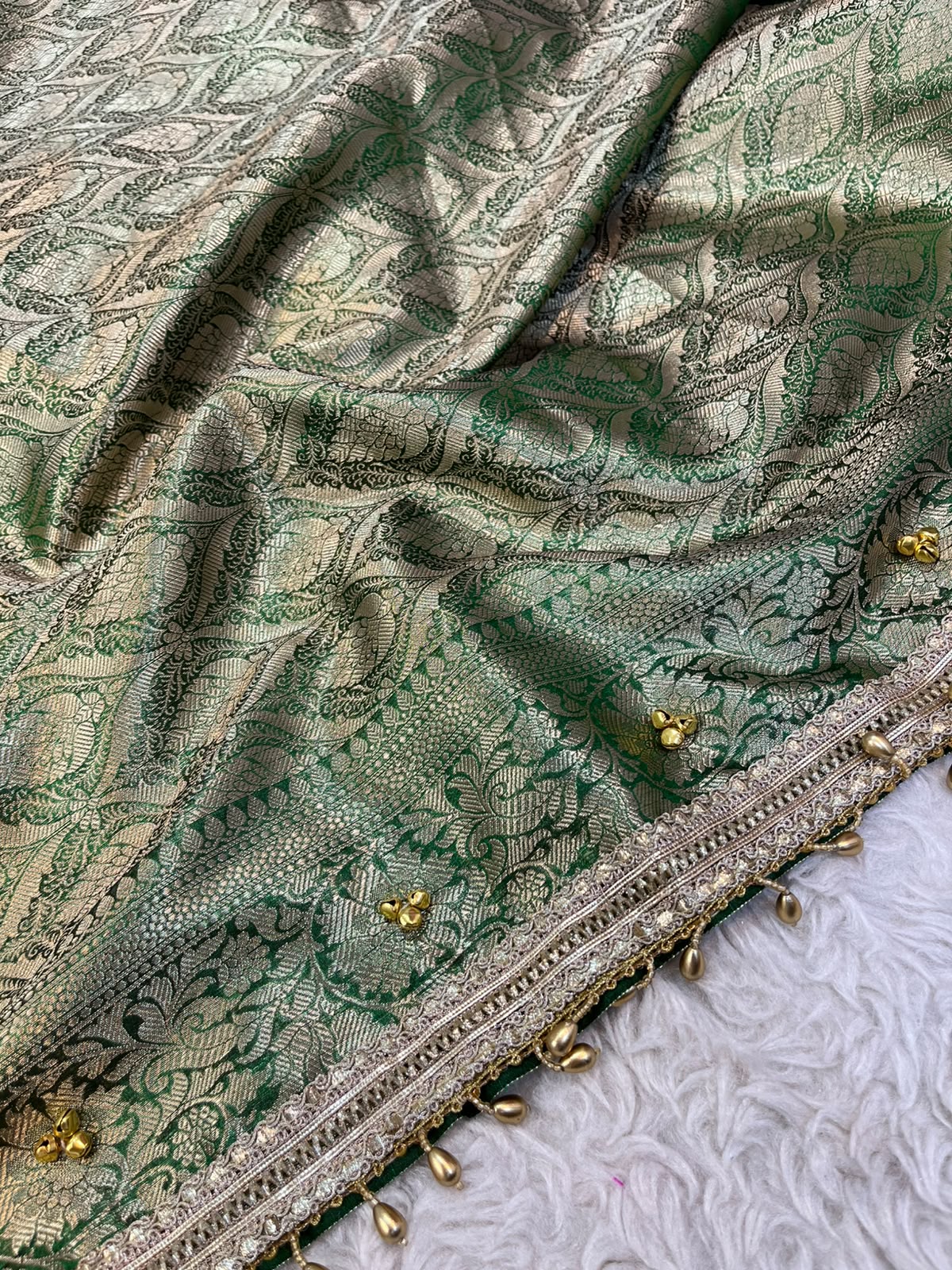 Forest Green Tissue Silk Saree with Handcrafted Ghungroo Work & Banarasi Zari Woven Pallu