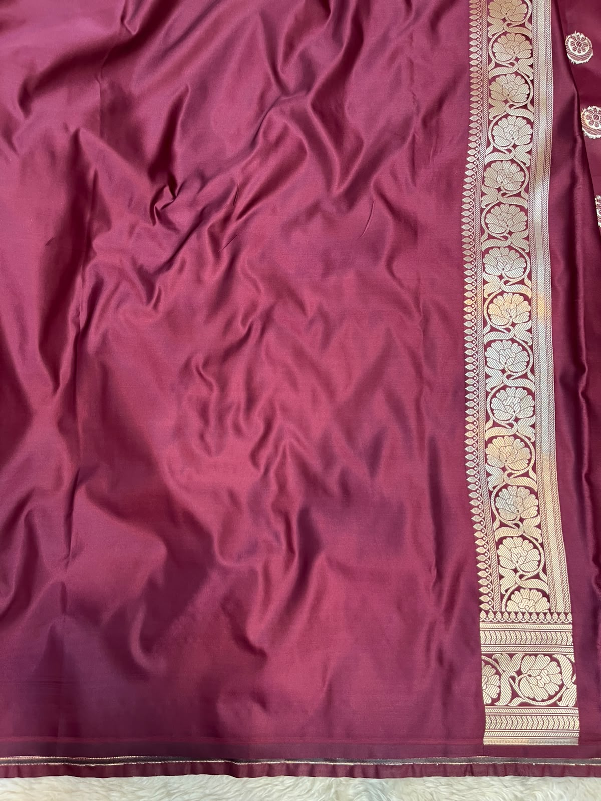 Deep Wine Satin Silk Banarasi Saree with Gold Zari Chand Tara Booti & Rich Jacquard Pallu