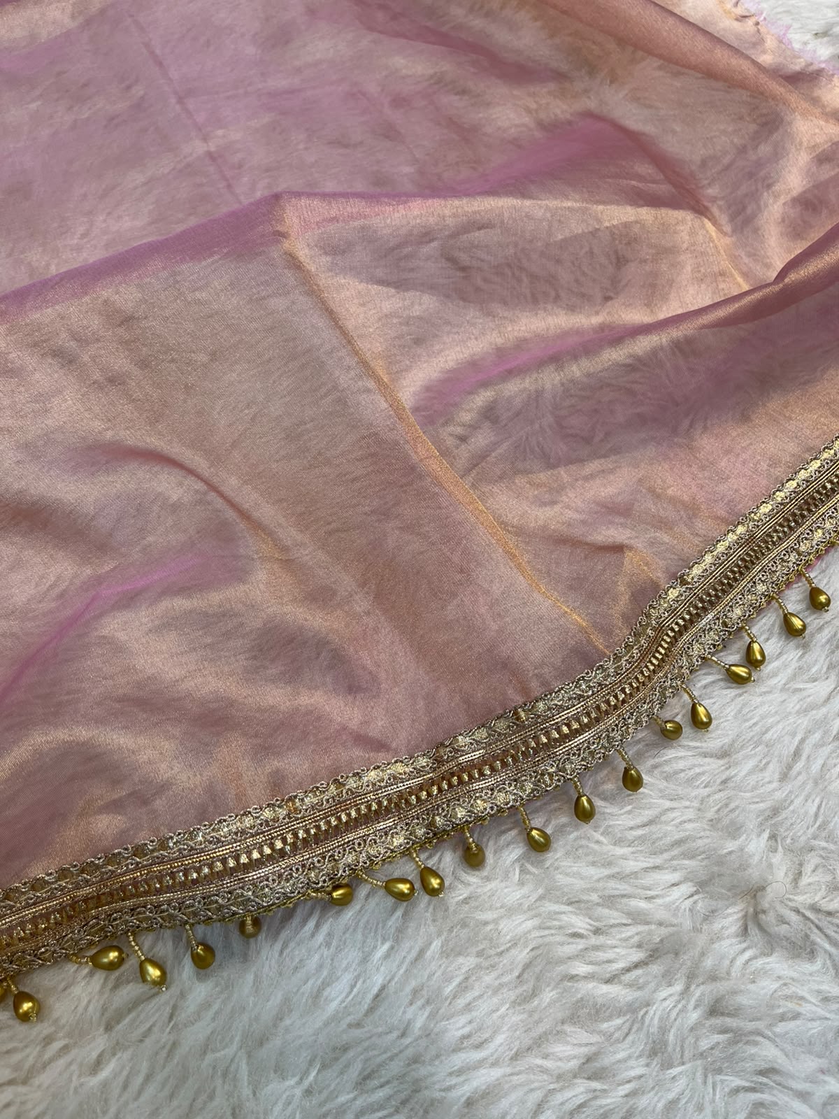Rose Gold Dual-Tone Tissue Silk Saree with Ghungroo & Handcrafted Stonework Border
