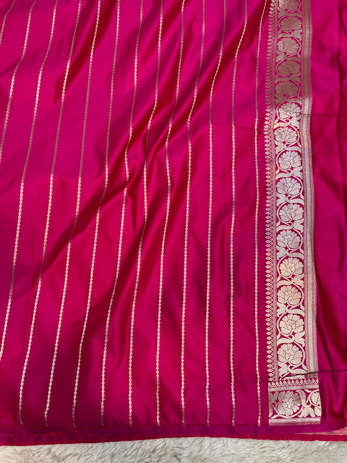 Rani Pink Satin Silk Banarasi Saree with Gold Zari Chand Tara Booti & Rich Jacquard Pallu