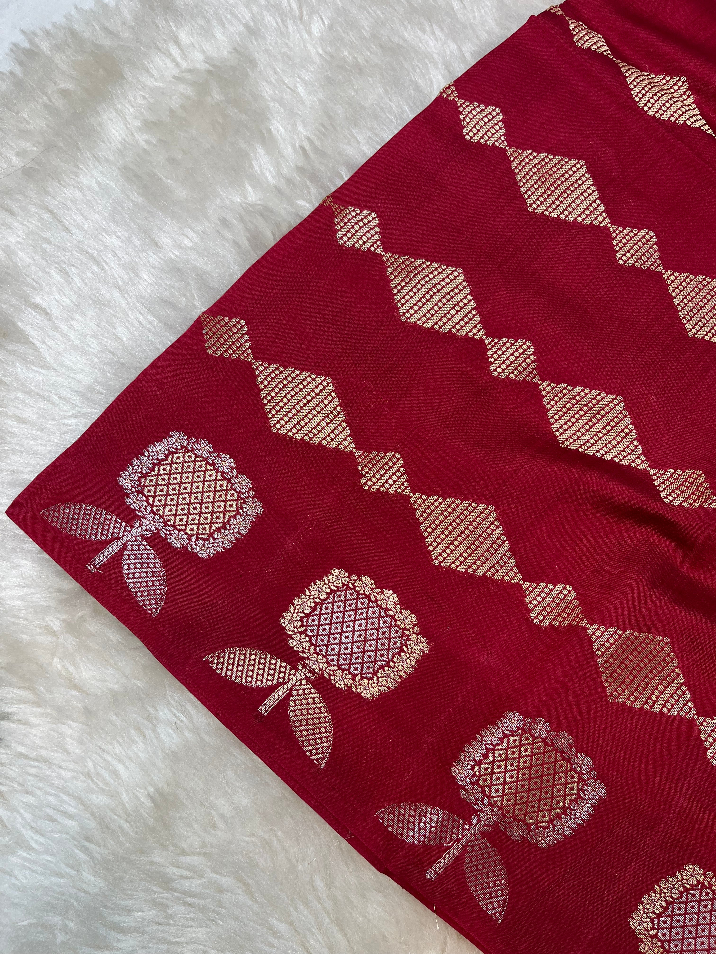 Deep Carmine Red Pure Chiniya Silk Saree - Sonarupa Weave with Intricate Gold and Silver Zari