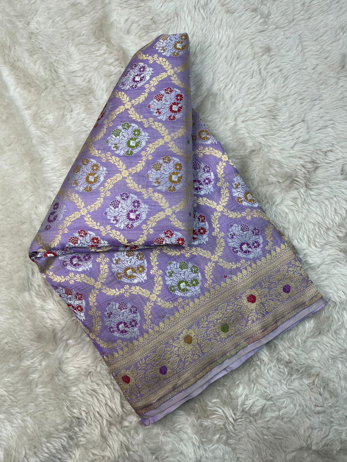 Imperial Lavendar Pure Katan Silk Saree with Traditional Meenakari Floral Medallions