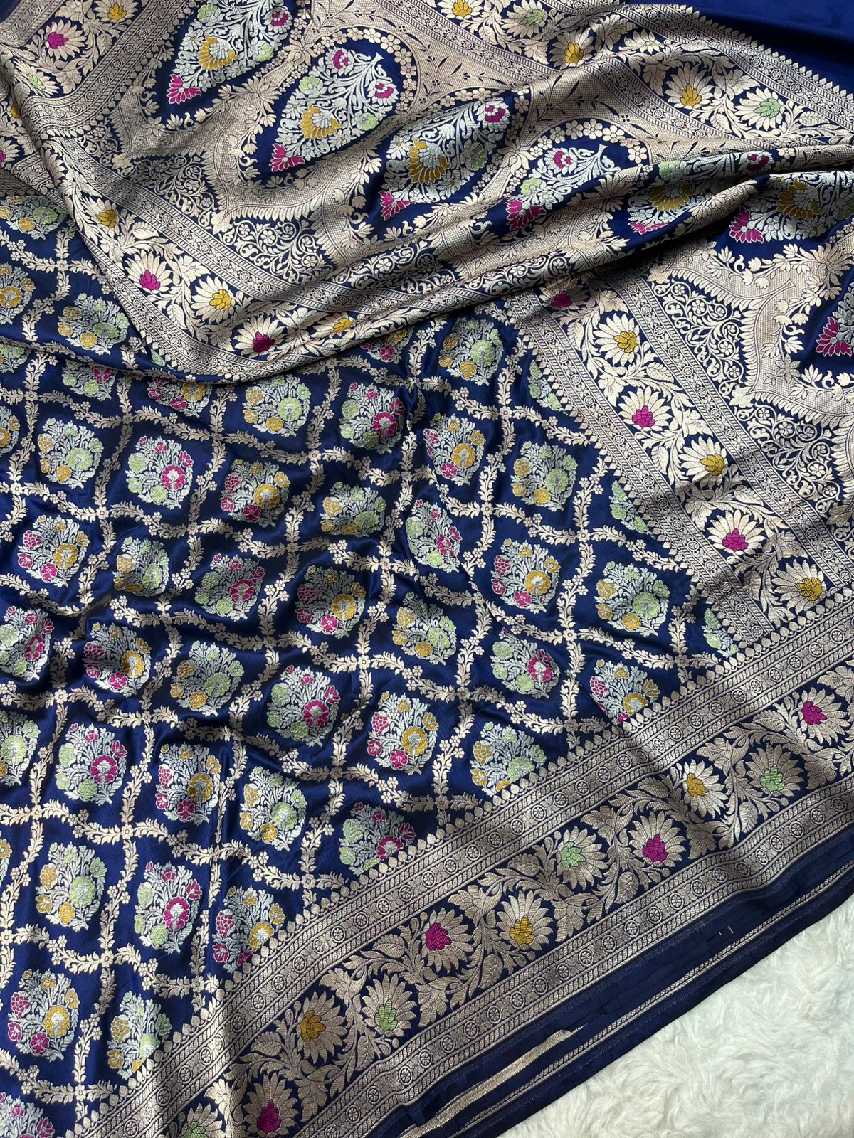 Regal Navy Blue Pure Katan Silk Saree with Traditional Meenakari Floral Medallions