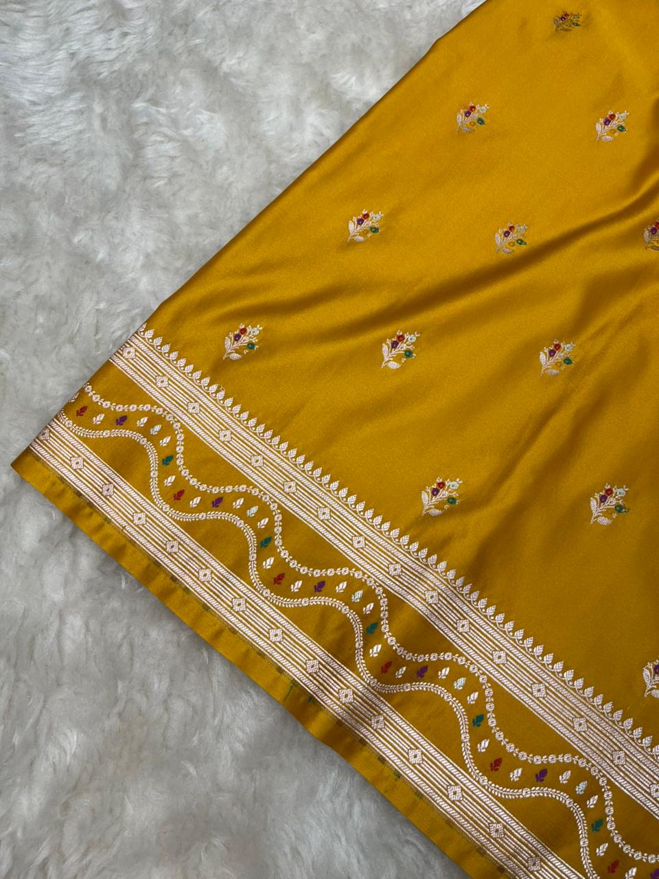 Mustard Yellow Mashru Silk Saree with Gold Zari Floral Bootis & Contemporary Wavy Border