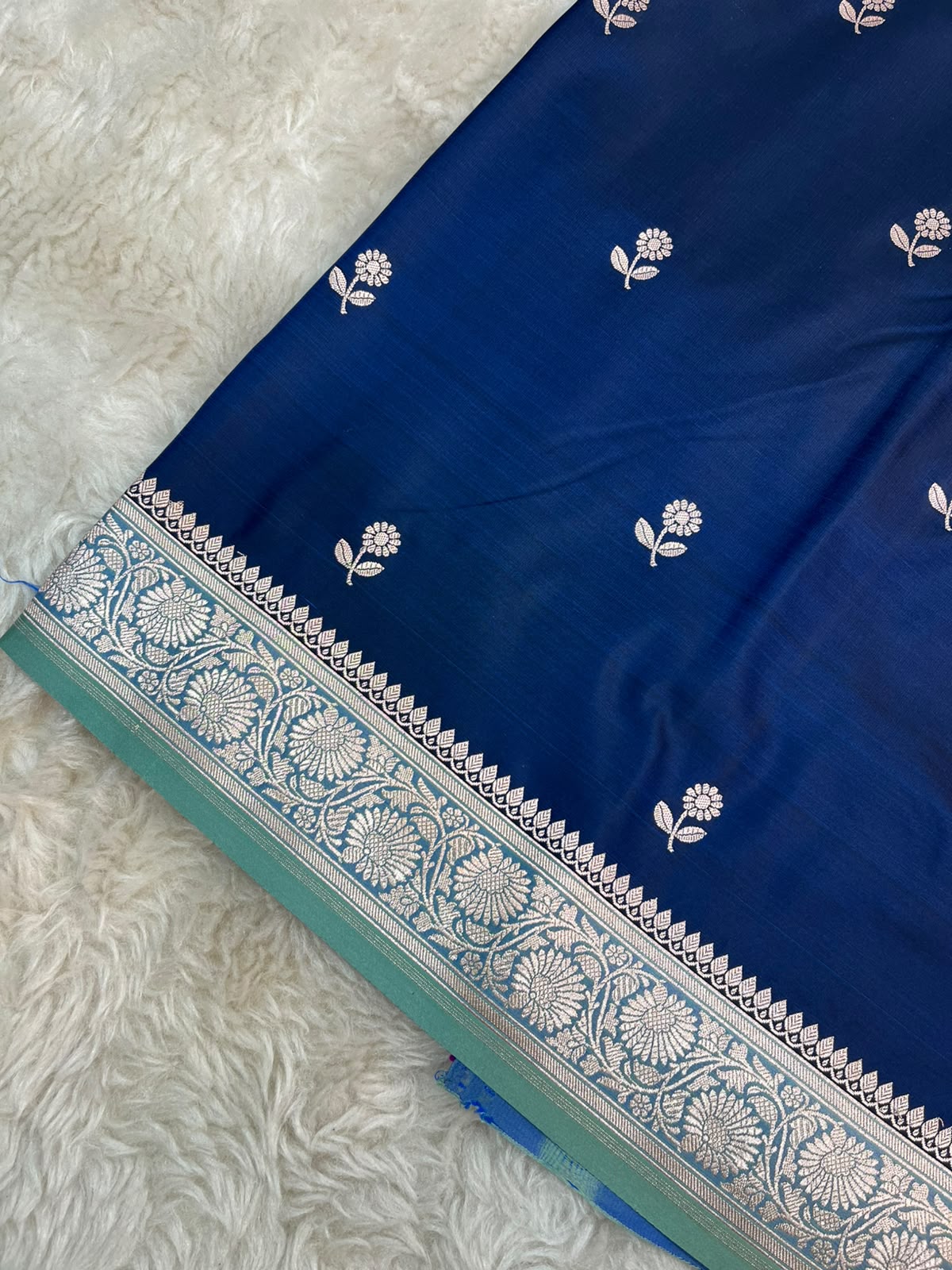 Navy Blue and Sea Green Banarasi Mashru Silk Saree with All-Over Zari Buti Work