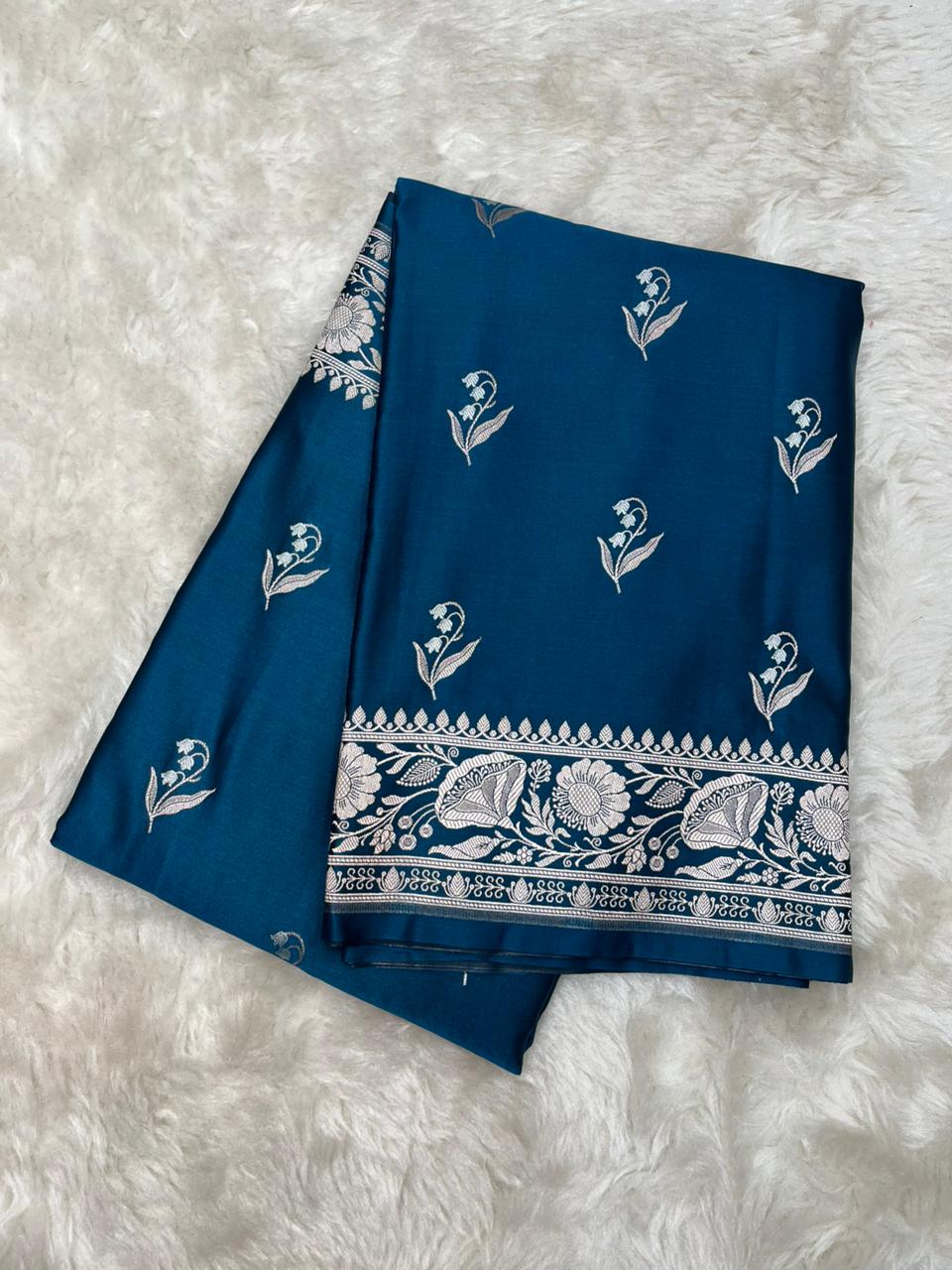 Deep Teal Mashru Silk Banarasi Saree with Sonarupa Zari Buti