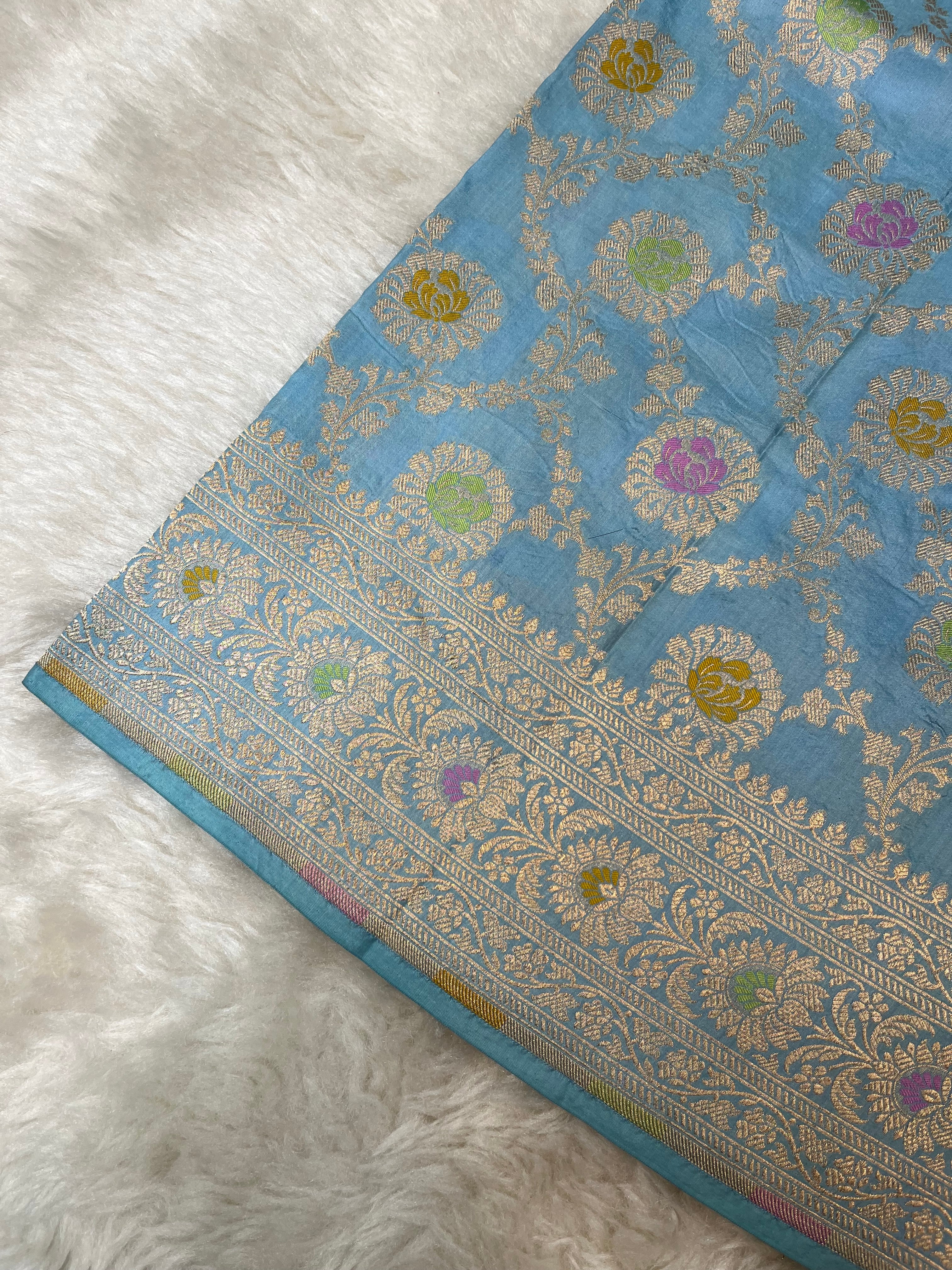 Powder Blue Pure Katan Silk Banarasi Jangla Cutwork Saree with Meenakari Jaal and Gold Zari Border