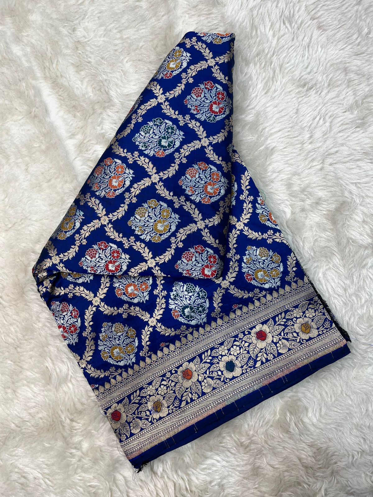 Imperial Royal Blue Pure Katan Silk Saree with Traditional Meenakari Floral Medallions