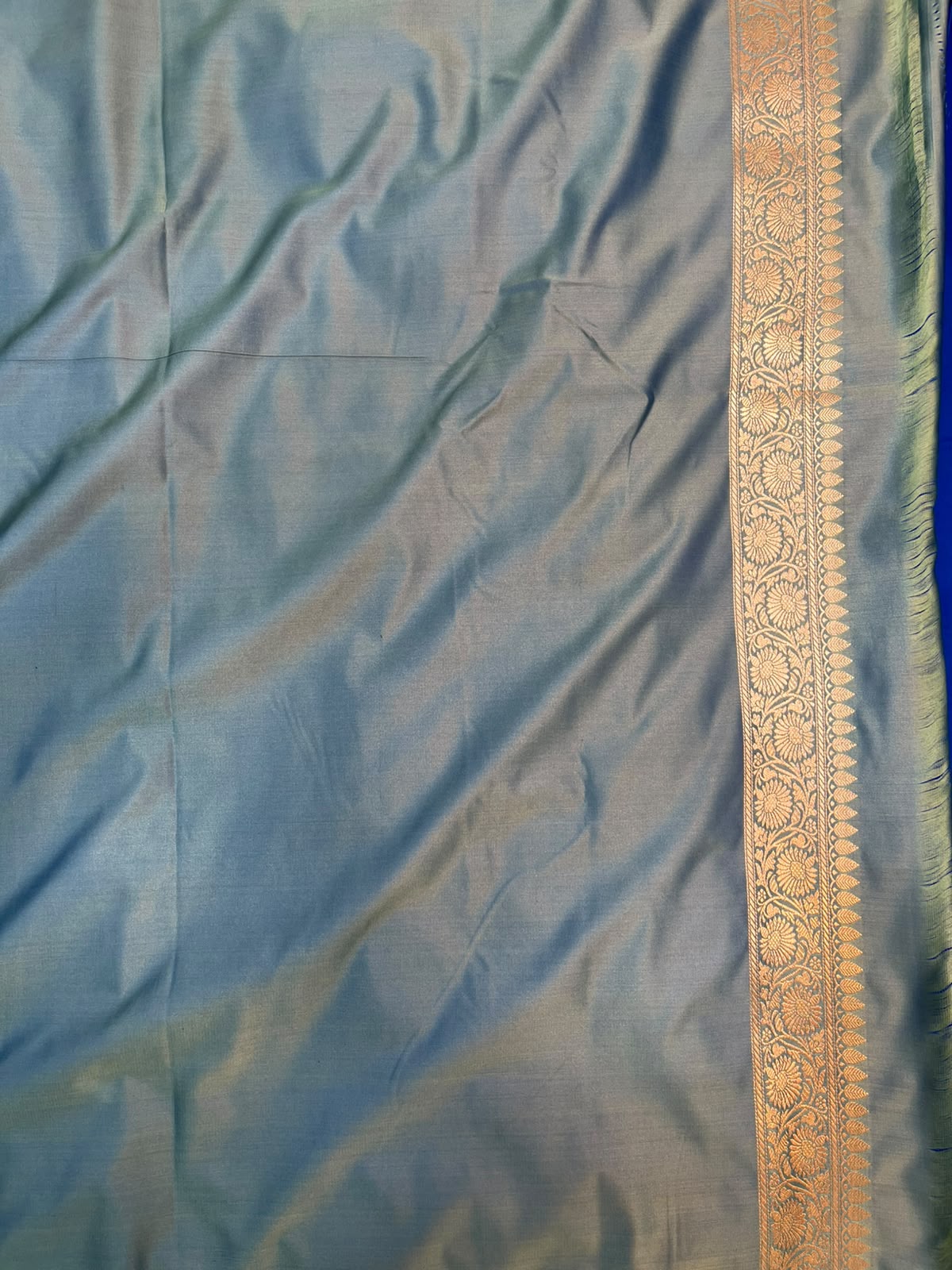 Navy Blue and Sea Green Banarasi Mashru Silk Saree with All-Over Zari Buti Work
