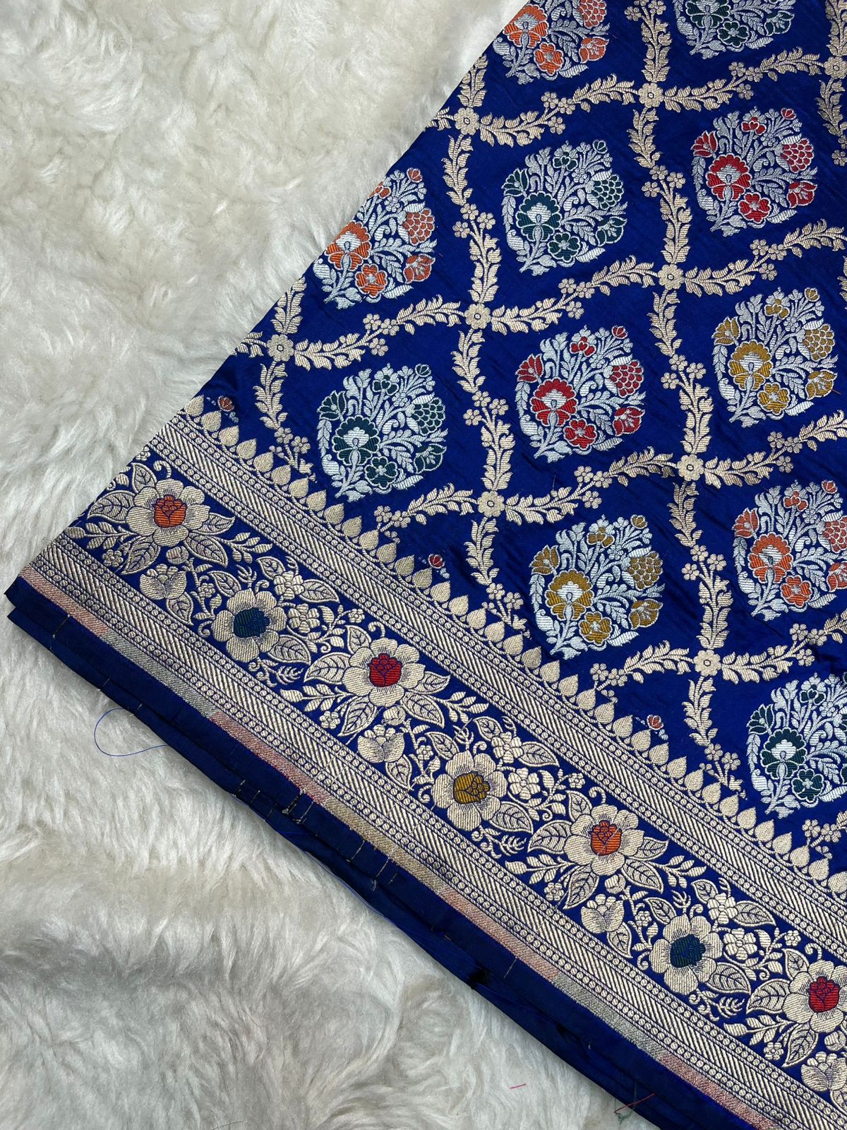Imperial Royal Blue Pure Katan Silk Saree with Traditional Meenakari Floral Medallions