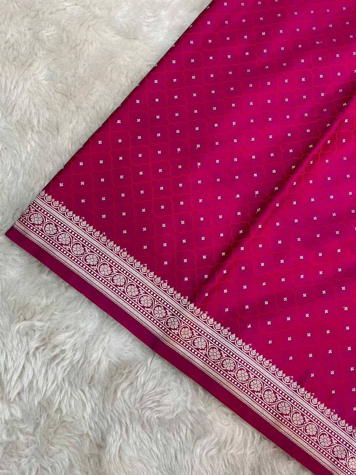 Rani Pink Banarasi Mashru Silk Saree | Fine Booti Work & Traditional Border