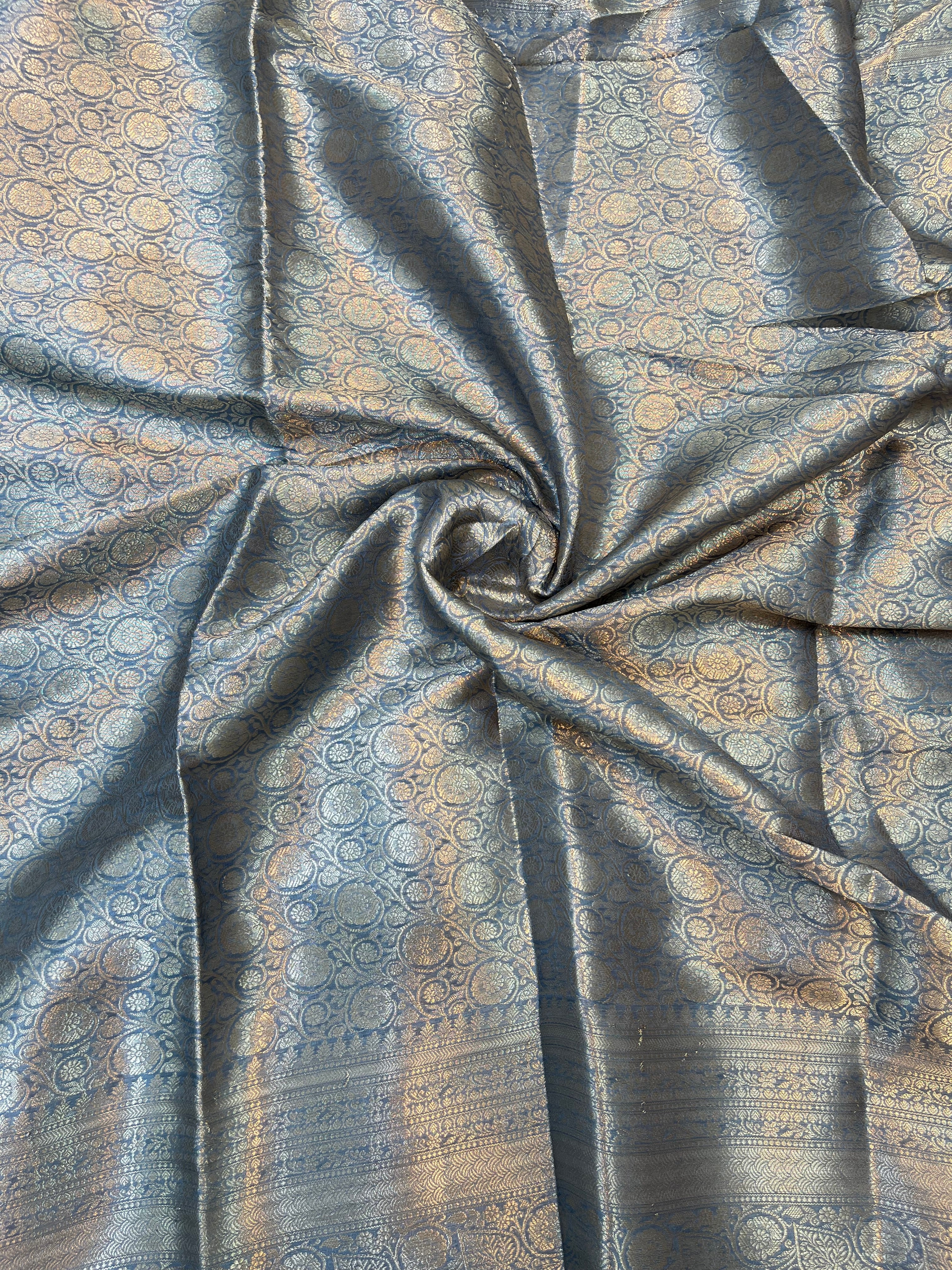 Slate Blue Glossy Art Silk Saree with Antique Gold Floral Jaal and Traditional Banarasi Border
