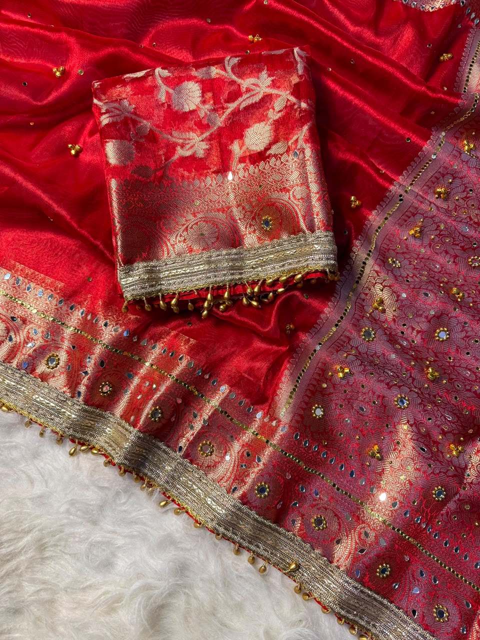 Caramine Red Soft Tissue Silk Saree with Ghungroo & Zari Border Work