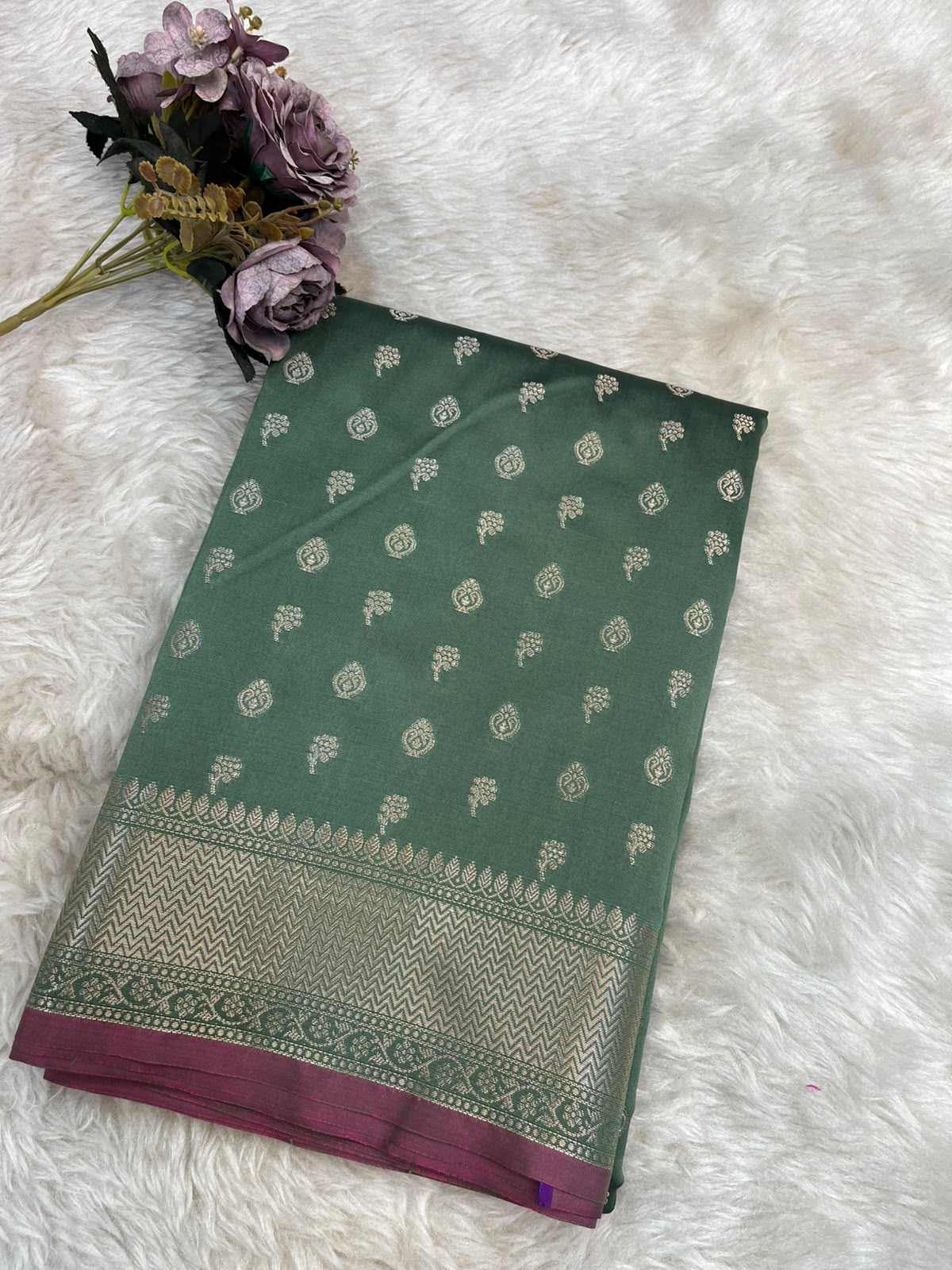 Sage Green Banarasi Soft Katan Silk Saree with All-Over Zari Buti & Rich Pallu