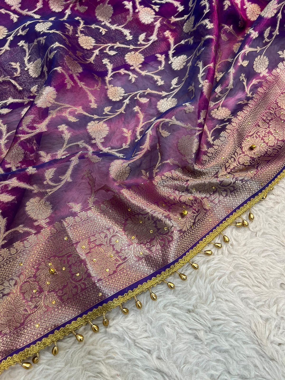 Dual-Tone Purple Tissue Silk Saree with Handcrafted Ghungroo & Sitara Stonework