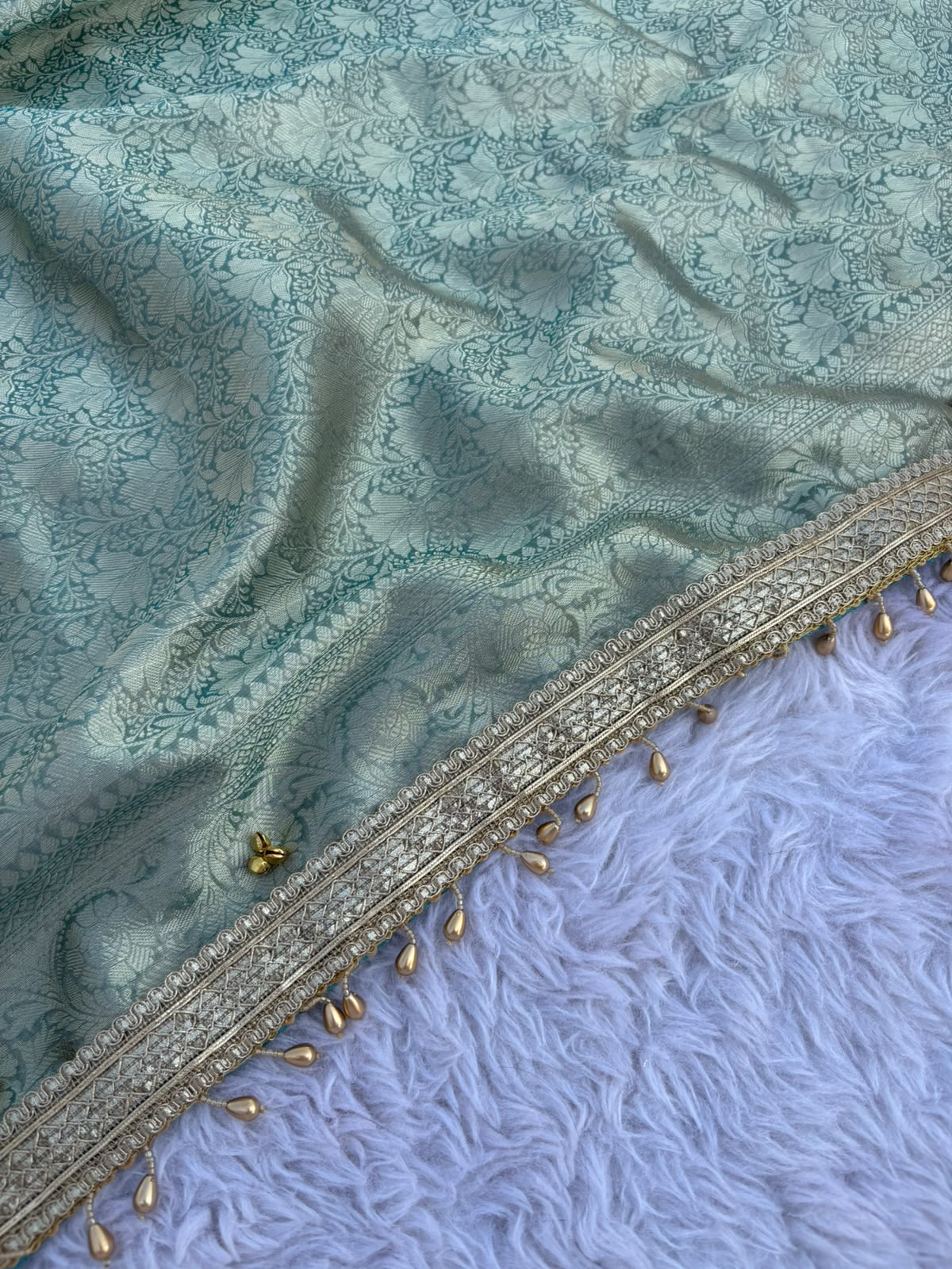 Sky Blue Tissue Silk Saree with Handcrafted Ghungroo work & Banarasi Zari Woven Pallu