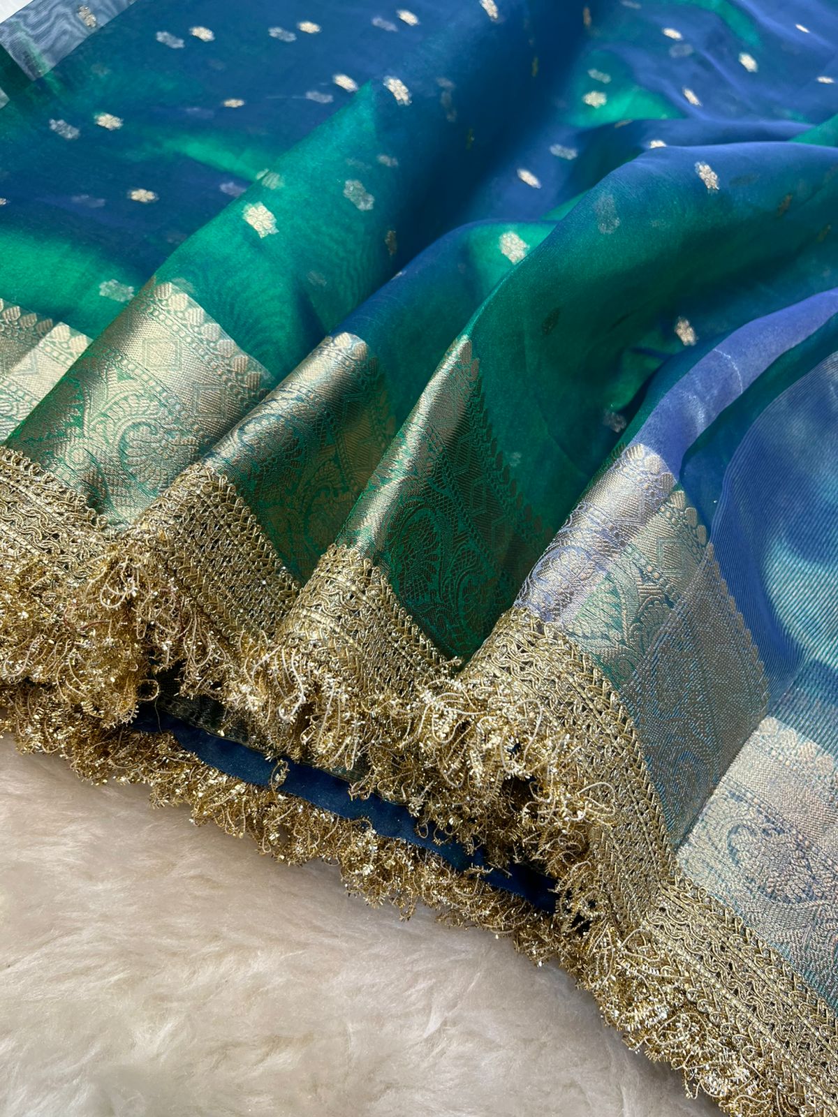 Peacock Blue Dual-Tone Tissue Silk Buti Saree with Intricate Lace Embellishments