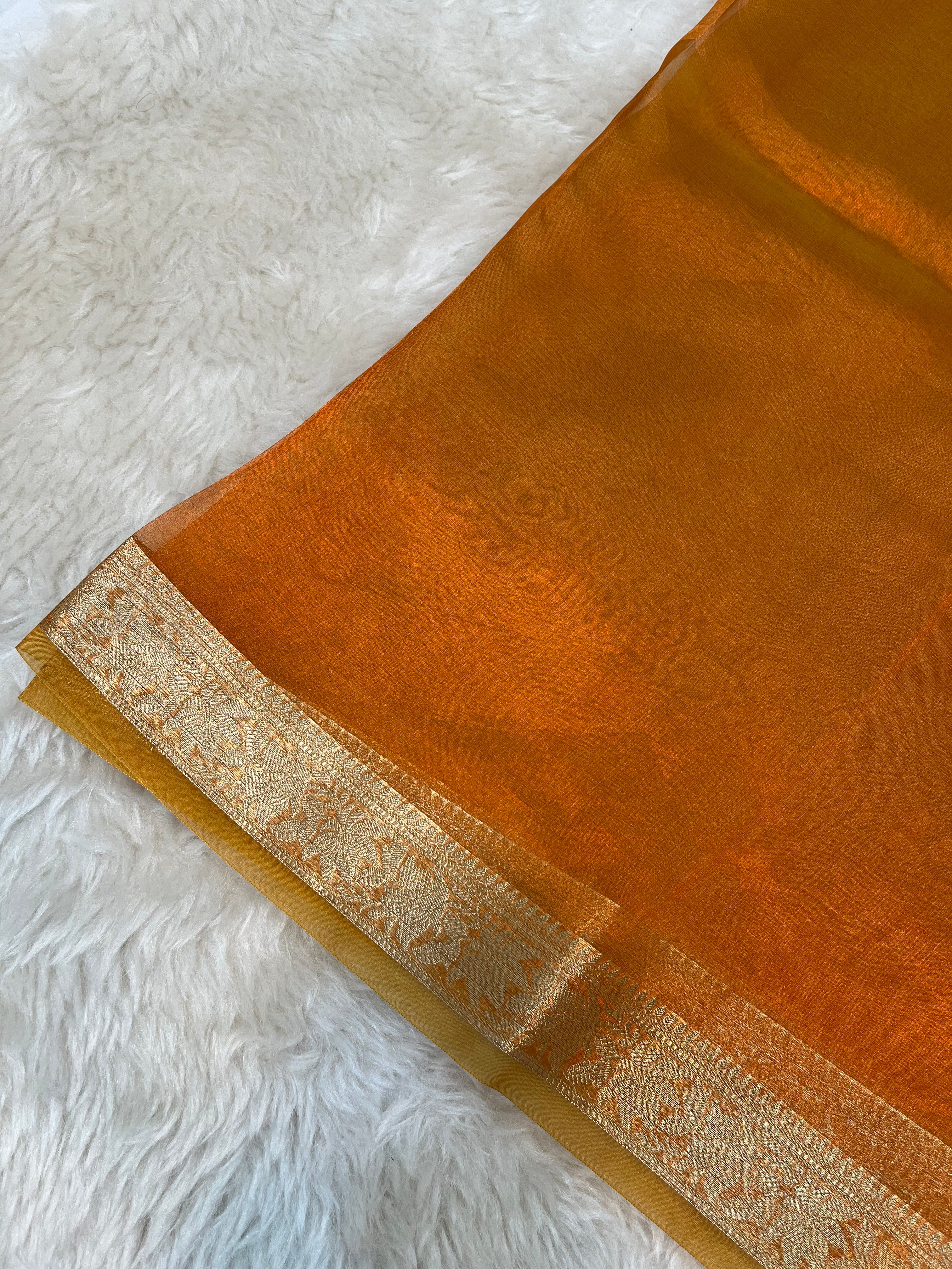 Luxe Fanta Orange Pure Tissue Silk Saree with Intricate Zari Floral Design