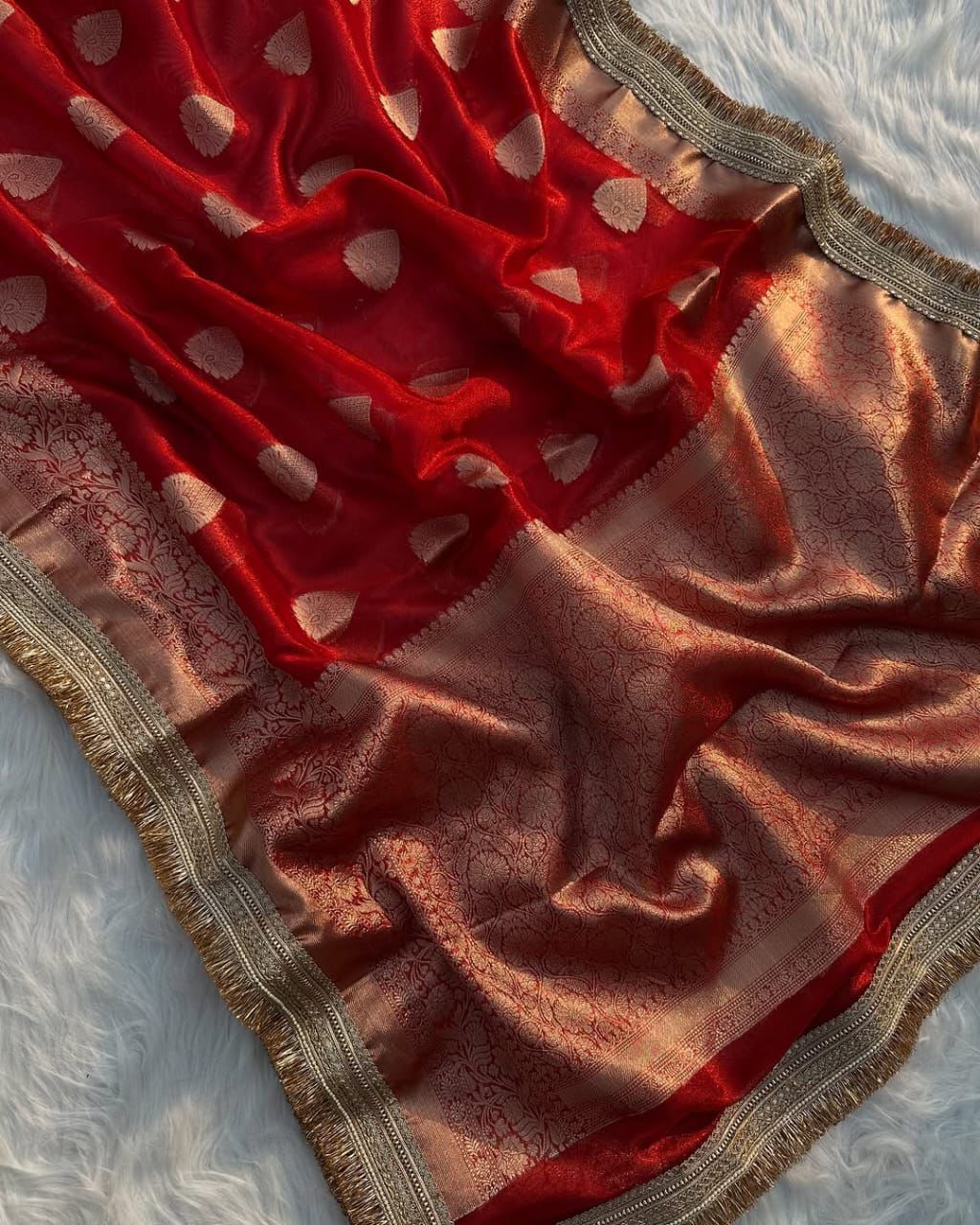 Crimson Red Banarasi Tissue Silk Saree with Zari Buta and Kiran Lace