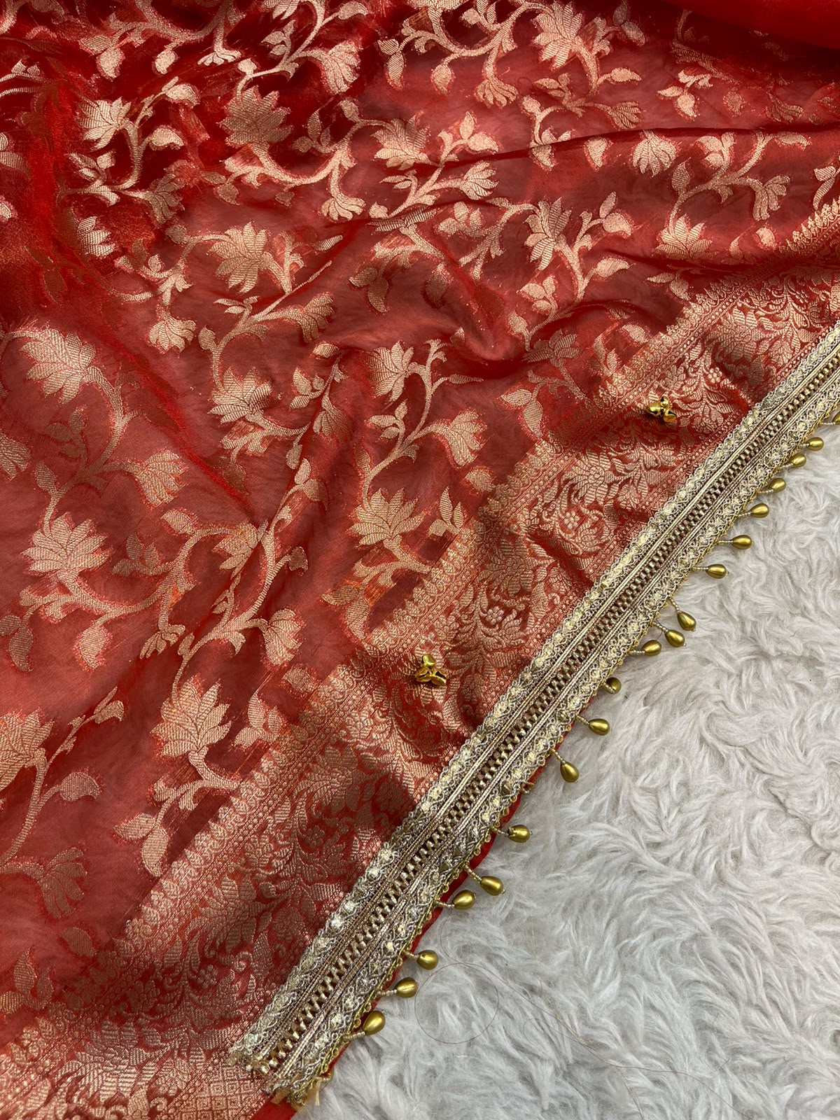 Scarlet Red Tissue Silk Saree with Woven Banarasi Jaal & Golden Ghungroo Accents