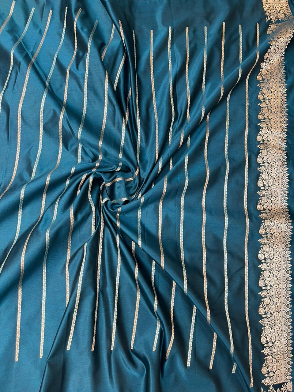 Deep Teal Blue Mashru Silk Sonarupa Weaving Saree