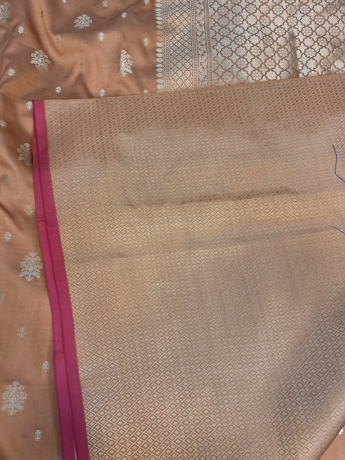 Coral Peach Banarasi Soft Katan Silk Saree with Traditional Golden Floral Butis & Rich Pallu