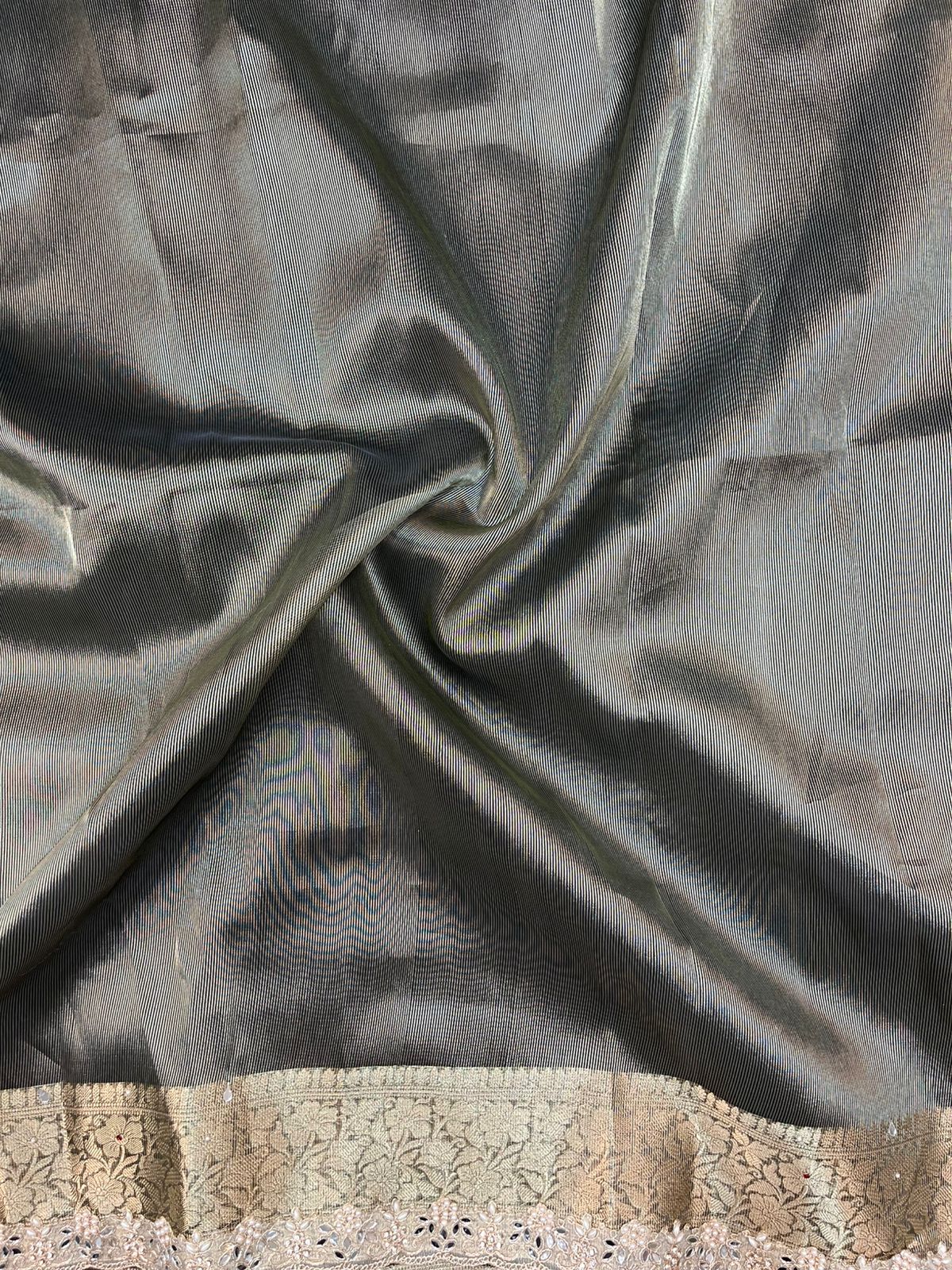 Jet Black Banarasi Tissue Silk Saree with Real Mirror Embellishments and Scalloped Gota Lace Border